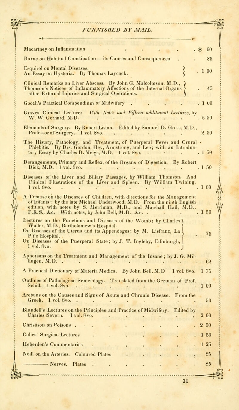 FURJ^ISHED BY MAIL. Macartney on Inflammation ..... Biirne on Habitual Constipatiou — its Causes an J Consequences Esquirol on Mental Diseases. > An Essay on Hysteria. By Thomas Laycock. J Clinical Remarks on Liver Abscess. By John G. Malcolmson, M.D., i Thomson's Notices of Inflammatory Affections of the Internal Organs > after External Injuries and Suigical Operations. ) Gooch's Practical Compendium of Midwifery .... Graves Clinical Lectures. With Notes and Fifteen additional Lectures, bv W. VV. Gerhard, M.D. Elements of Surgery. By Robert Liston. Edited by Samuel D. Gross, M.D., Professor of Surgery. 1 vol. 8vo. ..... The History, Pathology, and Ttf>atment, of Puerperal Fever and Crural Phlebitis. By Drs. Gordon, Hey, Armstrong, and Lee; with an Introduc- tory Essay by Charles D. Meigs, M.D. 1 vol. 8vo. Derangements, Primary and Reflex, of the Organs of Digestion. By Robert Dick, M.D. 1 vol. 8vo. ...... Diseases of the Liver and Biliary Passages, by William Thomson. And Clinical Illustrations of the Liver and Spleen. By William Twining. 1 vol. 8vo. ......... A Treatise on the Diseases of Children, with directions for the Management of Infants ; by the late Michael Underwood, M.D. From the ninth English edition, with notes by S. Merriman, M.D., and Marshall Hall, M.D., F.R.S., »&c. With notes, by John Bull, M.D., &c. . . . . Lectures on the Functions and Diseases of the Womb; by Charles^ Waller, M.D., Bartholomew's Hospital. j On Diseases of the Uterus and its Appendages; by M. Lisfranc, La ! Pitie Hospital. | On Diseases of the Puerperal State; by J. T. Ingleby, Edinburgh, | 1 vol. 8vo. J Aphorisms on the Treatment and Management of the Insane; byj. G. Mil- lingen, M.D. ......... A Practical Dictionary of Materia Medica. By John Bell, M.D 1 vol. 8vo. Outlines of Pathological Semeiology. Translated from the German of Prof. Schill. lvol.8vo Aretaeus on the Causes and Signs of Acute and Chronic Disease. From the Greek. 1 vol. 8vo. .... .... Blundell's Lectures on the Principles and Practice of Midwifery. Edited by Charles Severn. 1vol. 8 vo. ...... Christison on Poisons ........ Colles' Surgical Lectures ...... Heberden's Commentaries . . . . Neill on the Arteries. Coloured Plates .... — Nerves. Plates ...... $ 60 85 . 1 00 . 45 . 1 00 . 2 50 2 50 . 1 50 . 1 50 1 60 1 50 75