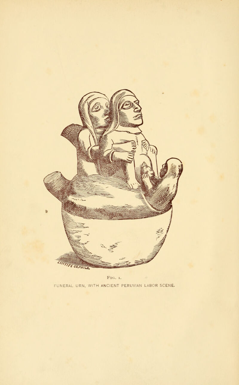 Fig. I. FUNERAL URN, WITH ANCIENT PERUVIAN LABOR SCENE.