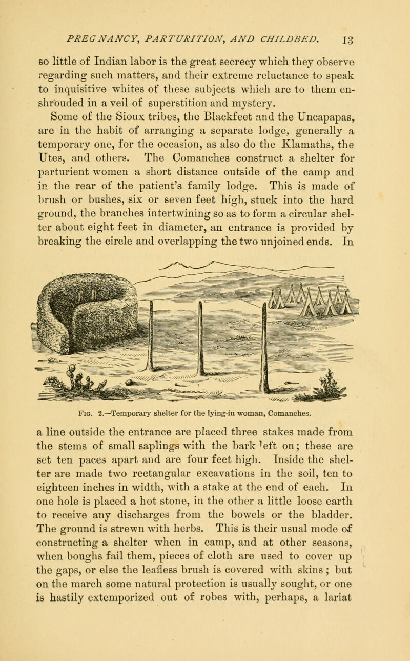 60 little of Indian labor is the great secrecy which they observe regarding such matters, and their extreme reluctance to speak to inquisitive whites of these subjects which are to them en- shrouded in a veil of superstition and mystery. Some of the Sioux tribes, the Blackfeet and the Uncapapas, are in the habit of arranging a separate lodge, generally a temporary one, for the occasion, as also do the Klamaths, the Utes, and others. The Comanches construct a shelter for parturient women a short distance outside of the camp and in the rear of the patient's family lodge. This is made of brush or bushes, six or seven feet high, stuck into the hard ground, the branches intertwining so as to form a circular shel- ter about eight feet in diameter, an entrance is provided by breaking the circle and overlapping the two unjoined ends. In Fig. 2.—Temporary shelter for the lying-in woman, Comanches. a line outside the entrance are placed three stakes made from the stems of small saplings with the bark ^eft on; these are set ten paces apart and are four feet high. Inside the shel- ter are made two rectangular excavations in the soil, ten to eighteen inches in width, with a stake at the end of each. In one hole is placed a hot stone, in the other a little loose earth to receive any discharges from the bowels or the bladder. The ground is strewn with herbs. This is their usual mode of constructing a shelter when in camp, and at other seasons, when boughs fail them, pieces of cloth are used to cover up the gaps, or else the leafless brush is covered with skins ; but on the march some natural protection is usually sought, or one is hastily extemporized out of robes with, perhaps, a lariat