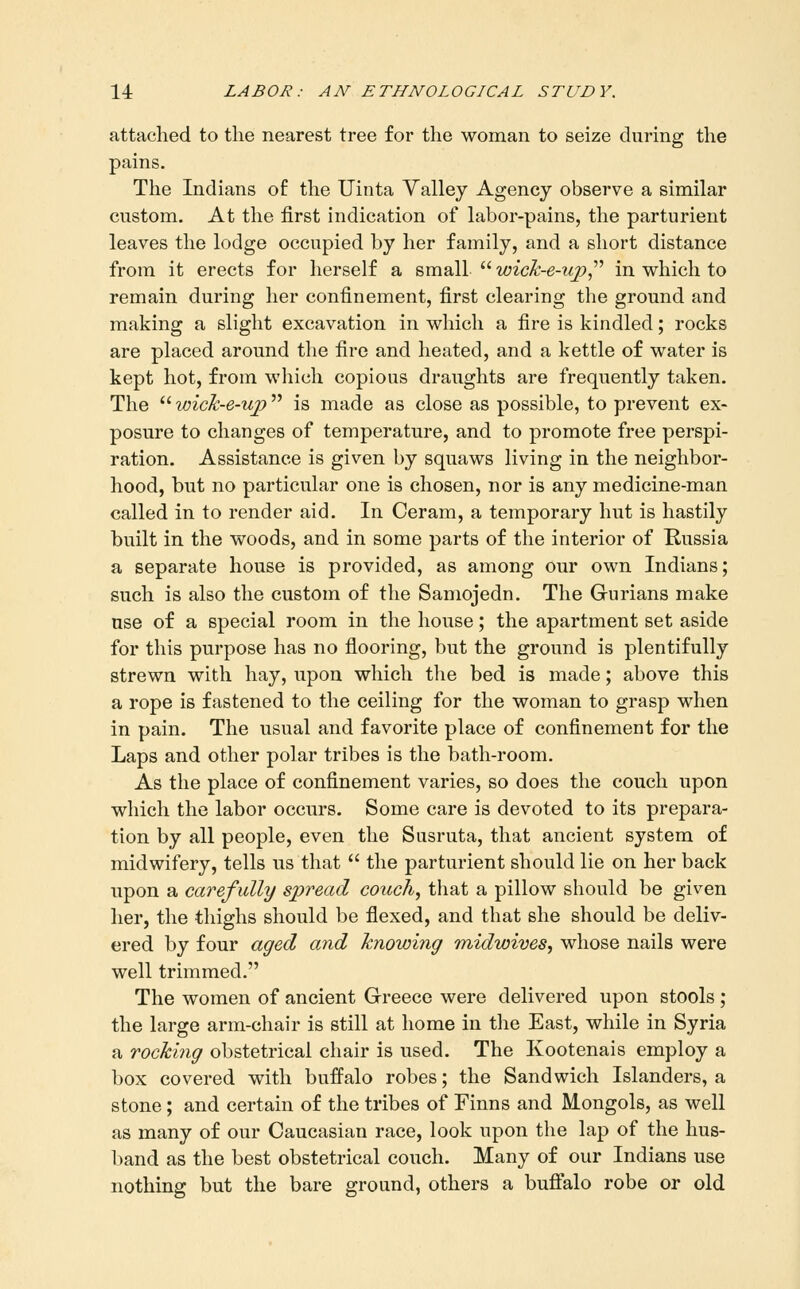 attached to the nearest tree for the woman to seize during the pains. The Indians of the Uinta Valley Agency observe a similar custom. At the first indication of labor-pains, the parturient leaves the lodge occupied by her family, and a short distance from it erects for herself a small  wick-e-up^'^ in which to remain during her confinement, first clearing the ground and making a slight excavation in which a fire is kindled; rocks are placed around the fire and heated, and a kettle of water is kept hot, from which copious draughts are frequently taken. The  wicJc-e-uj) is made as close as possible, to prevent ex- posure to changes of temperature, and to promote free perspi- ration. Assistance is given by squaws living in the neighbor- hood, but no particular one is chosen, nor is any medicine-man called in to render aid. In Ceram, a temporary hut is hastily built in the woods, and in some parts of the interior of Russia a separate house is provided, as among our own Indians; such is also the custom of the Samojedn. The Gurians make use of a special room in the house; the apartment set aside for this purpose has no fiooring, but the ground is plentifully strewn with hay, upon which tlie bed is made; above this a rope is fastened to the ceiling for the woman to grasp when in pain. The usual and favorite place of confinement for the Laps and other polar tribes is the bath-room. As the place of confinement varies, so does the couch upon which the labor occurs. Some care is devoted to its prepara- tion by all people, even the Susruta, that ancient system of midwifery, tells us that  the parturient should lie on her back upon a carefully spread couch, that a pillow should be given her, the thighs should be fiexed, and that she should be deliv- ered by four aged and knowing Tnidwives, whose nails were well trimmed. The women of ancient Greece were delivered upon stools ; the large arm-chair is still at home in the East, while in Syria a rocking obstetrical chair is used. The Kootenais employ a box covered with bufi^alo robes; the Sandwich Islanders, a stone; and certain of the tribes of Finns and Mongols, as well as many of our Caucasian race, look upon the lap of the hus- Imnd as the best obstetrical couch. Many of our Indians use nothing but the bare ground, others a buffalo robe or old