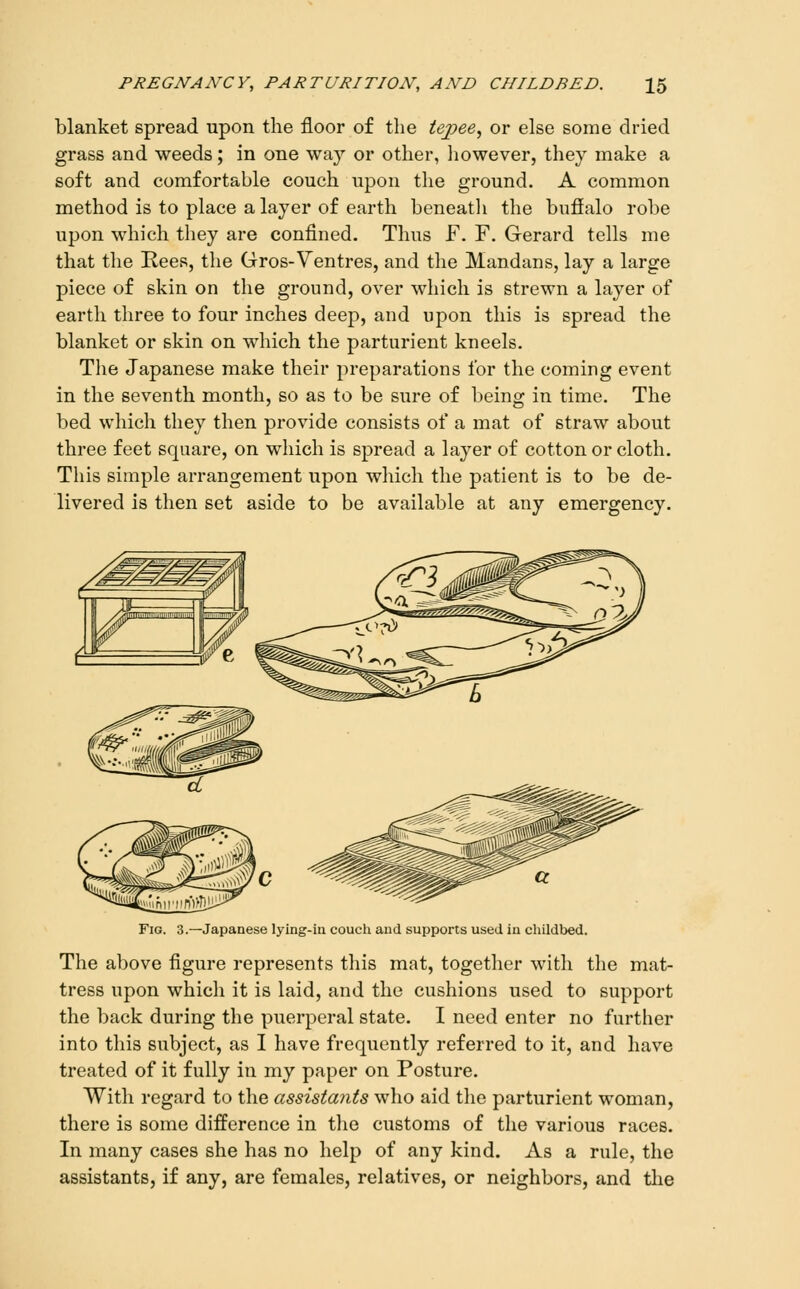 blanket spread upon the floor of the tepee, or else some dried grass and weeds; in one way or other, liowever, they make a soft and comfortable couch upon the ground. A common method is to place a layer of earth beneath the buffalo robe upon which they are confined. Thus F. F. Gerard tells me that the Rees, the Gros-Ventres, and the Mandans, lay a large piece of skin on the ground, over which is strewn a layer of earth three to four inches deep, and upon this is spread the blanket or skin on which the parturient kneels. The Japanese make their preparations for the coming event in the seventh month, so as to be sure of being in time. The bed which they then provide consists of a mat of straw about three feet square, on which is spread a layer of cotton or cloth. This simple arrangement upon which the patient is to be de- livered is then set aside to be available at any emergency. Fig. 3.—Japanese lying-in couch and supports used in childbed. The above figure represents this mat, together with the mat- tress upon which it is laid, and the cushions used to support the back during the puerperal state. I need enter no further into this subject, as I have frequently referred to it, and have treated of it fully in my paper on Posture. With regard to the assistants who aid the parturient woman, there is some difference in tlie customs of the various races. In many cases she has no help of any kind. As a rule, the assistants, if any, are females, relatives, or neighbors, and the