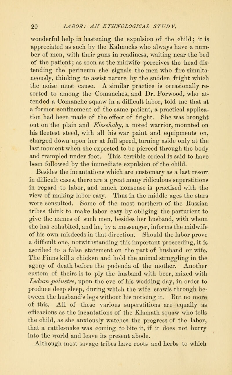 wonderful help in hastening the expulsion of the child; it is appreciated as such by the Kalmucks who always have a num- ber of men, with their guns in readiness, waiting near the bed of the patient; as soon as the midwife perceives the head dis- tending the perineum she signals the men who fire simulta- neously, thinking to assist nature by the sudden fright which the noise must cause. A similar practice is occasionally re- sorted to among the Coraanches, and Dr. Forwood, who at- tended a Comanche squaw in a difficult labor, told me that at a former confinement of the same patient, a practical applica- tion had been made of the effect of fright. She was brought out on the plain and Eissehaby, a noted warrior, mounted on his fleetest steed, with all his war paint and equipments on, charged down upon her at full speed, turning aside only at the last moment when she expected to be pierced through the body and trampled under foot. This terrible ordeal is said to have been followed by the immediate expulsion of the child. Besides the incantations which are customary as a last resort in difficult cases, there are a great many ridiculous superstitions in regard to labor, and much nonsense is practised with the view of making labor easy. Thus in the middle ages the stars were consulted. Some of the most northern of the Russian tribes think to make labor easy by obliging the parturient to give the names of such men, besides her husband, with whom she has cohabited, and he, by a messenger, informs the midwife of his own misdeeds in that direction. Should the labor prove a difficult one, notwithstanding this important proceeding, it is ascribed to a false statement on the part of husband or wife. The Finns kill a chicken and hold the animal struggling in the agony of death before the pudenda of the mother. Another custom of theirs is to ply the husband with beer, mixed with LeduTTh jpalustre, upon the eve of his wedding day, in order to produce deep sleep, during whic;h the wife crawls through be- tween the husband's legs without his noticing it. But no more of this. All of these various superstitions are equally as efficacious as the incantations of the Klamath squaw who tells the child, as she anxiously watches the progress of the labor, that a rattlesnake was coming to bite it, if it does not hurry into the world and leave its present abode. Altliouo;h most savao-e tribes have roots and herbs to which