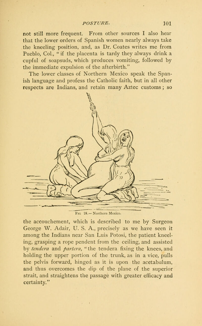 not still more frequent. From other sources I also hear that the lower orders of Spanish women nearly always take the kneeling position, and, as Dr. Coates writes me from Pueblo, Col,  if the placenta is tardy they always drink a cupful of soapsuds, which produces vomiting, followed by the immediate expulsion of the afterbirth. The lower classes of Northern Mexico speak the Span- ish language and profess the Catholic faith, but in all other respects are Indians, and retain many Aztec customs; so Fig 24.— Northern Mexico. the accouchement, which is described to me by Surgeon George W. Adair, U. S. A., precisely as we have seen it among the Indians near San Luis Potosi, the patient kneel- ing, grasping a rope pendent from the ceiling, and assisted by tendera and partem, the tendera fixing the knees, and holding the upper portion of the trunk, as in a vice, pulls the pelvis forward, hinged as it is upon the acetabulum, and thus overcomes the dip of the plane of the superior strait, and straightens the passage with greater efficacy and certainty.