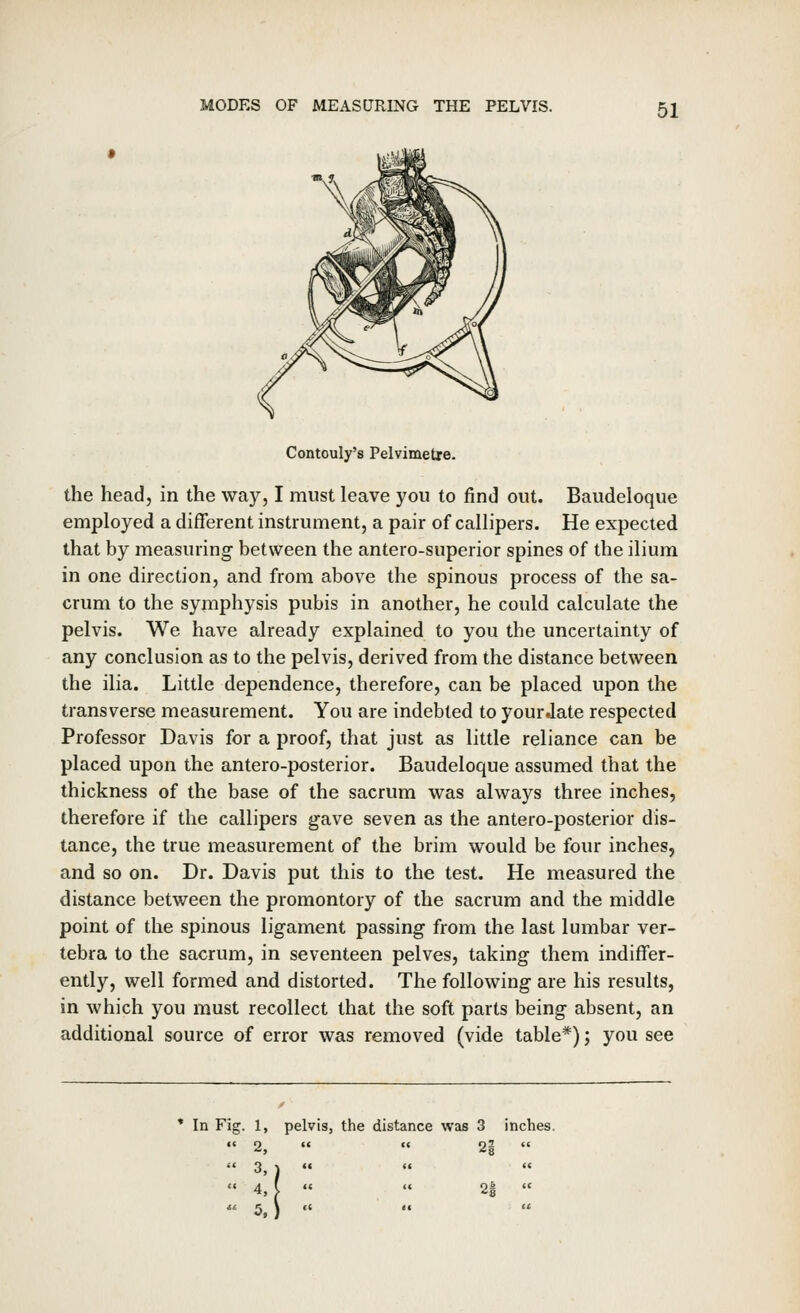 Contouly's Pelvimetre. the head, in the way, I must leave you to find out. Baudeloque employed a different instrument, a pair of callipers. He expected that by measuring between the antero-superior spines of the ilium in one direction, and from above the spinous process of the sa- crum to the symphysis pubis in another, he could calculate the pelvis. We have already explained to you the uncertainty of any conclusion as to the pelvis, derived from the distance between the ilia. Little dependence, therefore, can be placed upon the transverse measurement. You are indebted to your Jate respected Professor Davis for a proof, that just as little reliance can be placed upon the antero-posterior. Baudeloque assumed that the thickness of the base of the sacrum was always three inches, therefore if the callipers gave seven as the antero-posterior dis- tance, the true measurement of the brim would be four inches, and so on. Dr. Davis put this to the test. He measured the distance between the promontory of the sacrum and the middle point of the spinous ligament passing from the last lumbar ver- tebra to the sacrum, in seventeen pelves, taking them indiffer- ently, well formed and distorted. The following are his results, in which you must recollect that the soft parts being absent, an additional source of error was removed (vide table*); you see ' In Fig. 1, pelvis, the distance was 3 inches. «« 2,   2i   3, » 4, ^  « 2|  5.