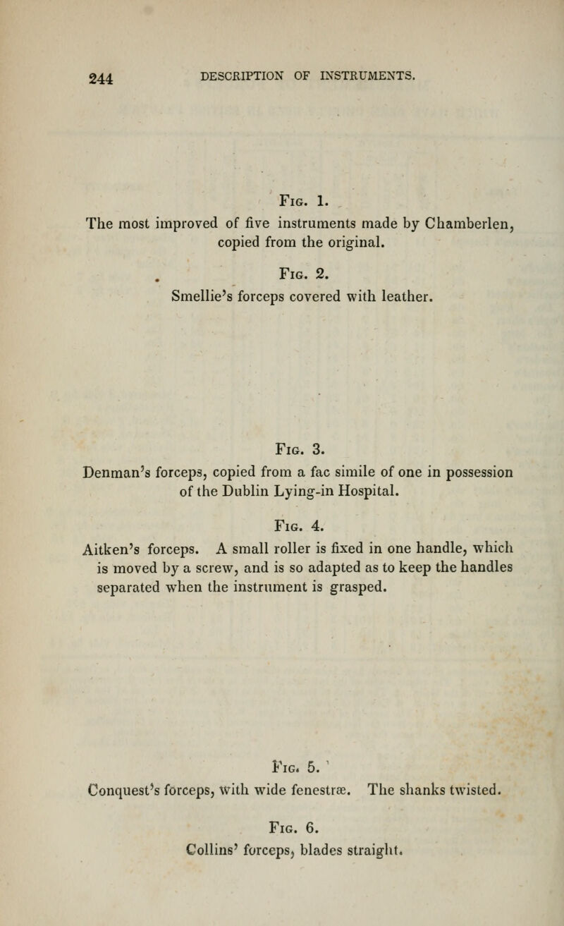 Fig. 1. The most improved of five instruments made by Chamberlenj copied from the original. Fig. 2. Smellie's forceps covered with leather. Fig. 3. Denman's forceps, copied from a fac simile of one in possession of the Dublin Lying-in Hospital. Fig. 4. Aitken's forceps. A small roller is fixed in one handle, which is moved by a screw, and is so adapted as to keep the handles separated when the instrument is grasped. Fig. 5. ^ Conquest's forceps, with wide fenestras. The shanks twisted. Fig. 6. Collins' forcepsj blades straight.