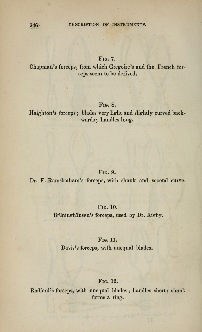 Fig. 7. Chapman's forceps, from which Gregoire's and the French for- ceps seem to be derived. Fig. 8. Haighton's forceps; blades very light and slightly curved back- wards ; handles long. Fig. 9. Dr. F. Ramsbotham's forceps, with shank and second curve. Fig. 10. Briininghausen's forceps, used by Dr. Rigby. Fig. 11. Davis's forceps, with unequal blades. Fig. 12. Radford's forceps, with unequal blades; handles short; shank forms a ring.