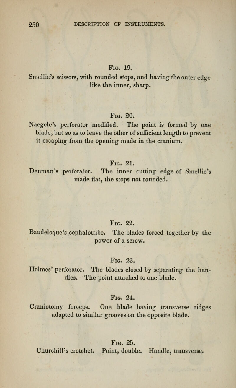 Fig. 19. Smellie's scissors, with rounded stops, and having the outer edge like the inner, sharp. Fig. 20. Naegele's perforator modified. The point is formed by one blade, but so as to leave the other of sufficient length to prevent it escaping from the opening made in the cranium. Fig. 21. Denman's perforator. The inner cutting edge of Smellie's made flat, the stops not rounded. Fig. 22. Baudeloque's cephalotribe. The blades forced together by the power of a screw. Fig. 23. Holmes' perforator. The blades closed by separating the han- dles. The point attached to one blade. Fig. 24. Craniotomy forceps. One blade having transverse ridges adapted to similar grooves on the opposite blade. Fig. 25. Churchill's crotchet. Point, double. Handle, transverse.
