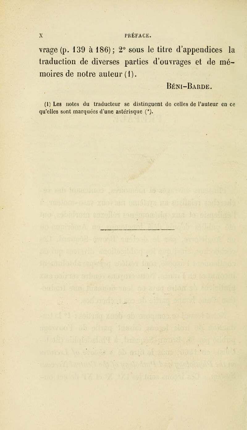 Vrage (p. 139 à 186); 2** sous le titre d'appendices la traduction de diverses parties d'ouvrages et de mé- moires de notre auteur (1). Béni-Barde. (1) Les notes du traducteur se distinguent de celles de l'auteur en ce qu'elles sont marquées d'une astérisque (*).