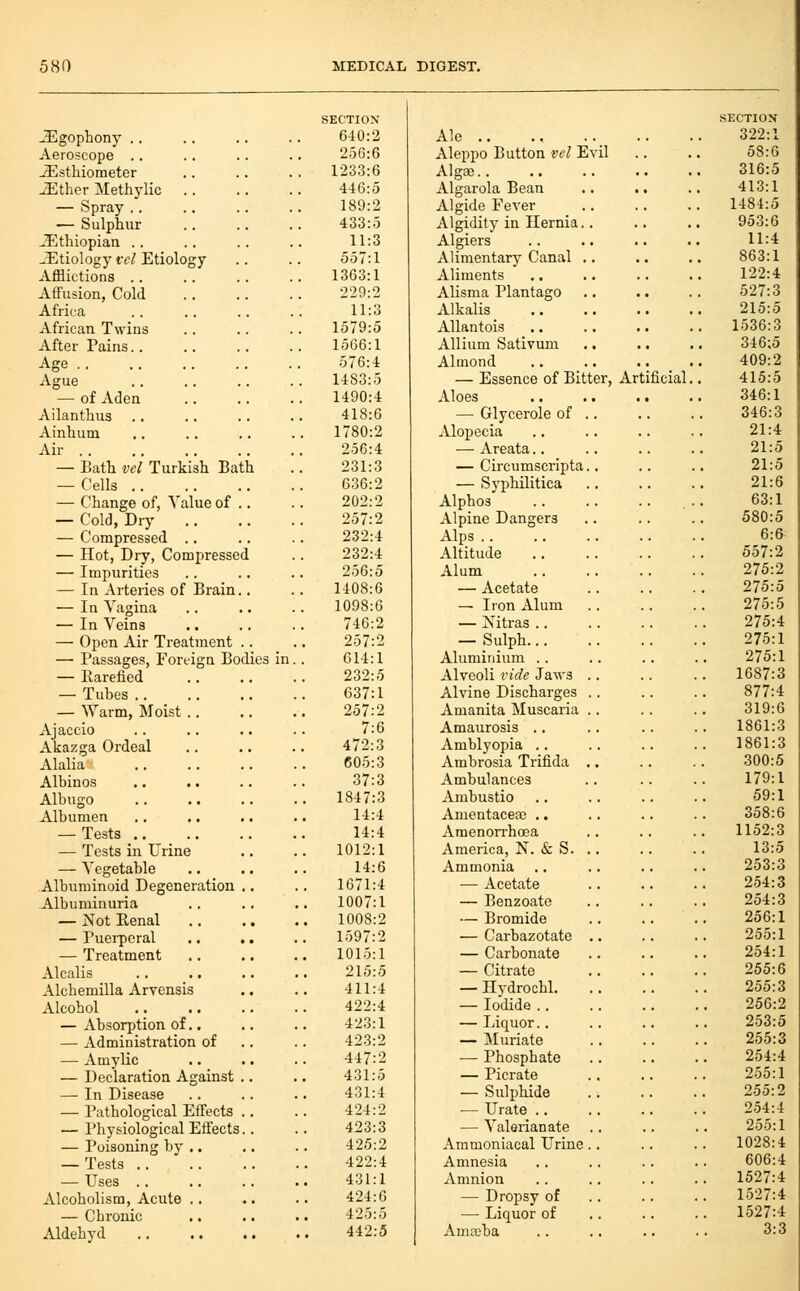 SECTION J^gophony .. 640:2 Ale .. Aeroscope .. 256:6 Aleppo Button vel Evil ^stliiometer 1233:6 Algae -S:ther Methylic 446:5 Algarola Bean — Spray . . 189:2 Algide Fever — Sulphur 433:5 Algidity in Hernia.. Ethiopian . . 11:3 Algiers JEtiology fcl Etiology 557:1 Alimentary Canal .. Afflictions .. 1363:1 Aliments AflFusion, Cold 229:2 Alisma Plantago Africa 11:3 Alkalis African Twins 1579:5 Allantois After Pains.. 1566:1 Allium Sativum Age . . 576:4 Almond Ague 1483:5 — Essence of Bitter, Artificial — of Aden 1490:4 Aloes Ailanthus . . 418:6 — Glycerole of .. Ainhum 1780:2 Alopecia Air 256:4 — Areata.. — Bath vcl Turkish Bath 231:3 — Circumscripta.. — Cells 636:2 — Syphilitica — Change of, Value of .. 202:2 Alphos — Cold, Dry 257:2 Alpine Dangers — Compressed .. 232:4 Alps .. — Hot, Dry, Compressed 232:4 Altitude — Impurities 256:5 Alum — In Arteries of Brain., 1408:6 — Acetate — In Vagina 1098:6 — Iron Alum — In Veins 746:2 — Nitras .. — Open Air Treatment .. 257:2 — Sulph — Passages, Foreign Bodies in.. 614:1 Aluminium . . — Rarefied 232:5 Alveoli vide Jaws .. — Tubes 637:1 Alvine Discharges .. — Warm, Moist .. 257:2 Amanita Muscaria .. Ajaccio 7:6 Amaurosis .. Akazga Ordeal 472:3 Amblyopia .. Alalia 605:3 Ambrosia Trifida .. Albinos 37:3 Ambulances Albugo 1847:3 Ambustio Albumen 14:4 Amentacea; ,. — Tests _ 14:4 Amenorrhcea — Tests in Urine 1012:1 America, N. & S. .. — Vegetable 14:6 Ammonia Albuminoid Degeneration .. 1671:4 — Acetate Albuminuria 1007:1 — Benzoate — Not Eenal 1008:2 — Bromide — Puerperal 1597:2 — Carbazotate .. — Treatment 1015:1 — Carbonate Alcalis 215:5 — Citrate Alchemilla Arvensis 411:4 — Hydrochl. Alcohol 422:4 — Iodide .. — Absorption of.. 423:1 — Liquor.. — Administration of .. 423:2 — Muriate — Amylic 447:2 — Phosphate — Declaration Against .. 431:5 — Picrate — In Disease 431:4 — Sulphide — Pathological Effects .. 424:2 — Urate — Physiological Effects.. 423:3 — Valerianate .. — Poisoning by .. 425:2 Ammoniacal Urine .. — Tests 422:4 Amnesia — Uses .. 431:1 Amnion Alcoholism, Acute .. 424:6 — Dropsy of — Cbronic 425:5 — Liquor of Aldehyd 442:5 Amseba