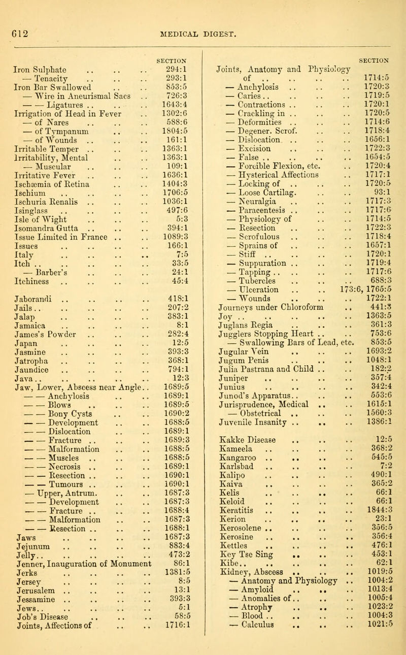 SECTION SECTION Iron Sulphate 294:1 Joints, Anatomy and Physiolog}- — Tenacity 293:1 of 1714:5 Iron Bar Swallowed 853:5 — Anchylosis 1720:3 — Wire in Aneurismal Sacs 726:3 — Caries.. 1719:5 Ligatures .. 1643:4 — Contractions .. 1720:1 Irrigation of Head in Fever 1302:6 — Crackling in .. 1720:5 — of Nares 588:6 — Deformities .. 1714:6 — of Tympanum 1804:5 — Degener. Scrof. 1718:4 — of Wounds 161:1 — Dislocation .. 1656:1 Irritable Temper .. 1363:1 — Excision 1722:3 Irritability, Mental 1363:1 — False 1654:5 — Muscular 109:1 — Forcible Flexion, etc. 1720:4 Irritative Fever 1636:1 — Hysterical Affections 1717:1 Ischoemia of Retina 1404:3 — Locking of .. 1720:5 Ischium 1706:5 — Loose Cartilag. 93:1 Ischuria Eenalis .. 1036:1 — Neuralgia 1717:3 Isinglass 497:6 — Paracentesis .. 1717:6 Isle of Wight 5:3 — Physiology of 1714:5 Isomandra Gutta .. 394:1 — Eesection 1722:3 Issue Limited in France .. 1089:3 — Scrofulous 1718:4 Issues 166:1 — Sprains of .. 1657:1 Italy 7:5 — Stiff 1720:1 Itch 33:5 — Suppuration .. 1719:4 — Barber's 24:1 — Tapping . 1717:6 Itchiness 45:4 — Tubercles 688:3 — Ulceration .. .. 173:6, 1765:5 Jaborandi .. 418:1 — Wounds 1722:1 Jails .. 207:2 Journeys under Chloroform 441:8 Jalap 383:1 Joy .. 1363:5 Jamaica 8:1 Juglans Regia 361:3 James's Powder 282:4 Jugglers Stopping Heart .. 753:6 Japan 12:5 — Swallowing Bars of Lead, etc. 853:5 Jasmine 393:3 Jugular Vein 1693:2 Jatropba 368:1 Jugum Penis 1048:1 Jaundice 794:1 Julia Pastrana and Child .. 182:2 Java.. 12:3 Juniper 357:4 Jaw, Lo-wer, Abscess near Angle.. 1689:5 Junius 342:4 Anchylosis 1689:1 Junod's Apparatus.. 553:6 Blows 1689:5 Jurisprudence, Medical .. 1615:1 Bony Cysts 1690:2 — Obstetrical . 1560:3 Development 1688:5 Juvenile Insanity .. 1386:1 Dislocation 1689:1 Fracture .. 1689:3 Kakke Disease 12:5 Malformation 1688:5 Kameela 368:2 Muscles .. 1688:5 Kangaroo .. 545:5 Necrosis ., 1689:1 Karlsbad 7:2 Eesection .. 1690:1 Kalipo 490:1 Tumours .. 1690:1 Kaiva 365:2 — Upper, Antrum. 1687:3 Kelis .. .. .. 66:1 Development 1687:3 Keloid 66:1 1688:4 Keratitis 1844:3 ■ Malformation 1687:3 Kerion .. .. .. 23:1 Resection .. 1688:1 Kerosolene .. 356:5 Jaws 1687:3 Kerosine 356:4 Jejunum 883:4 Kettles 476:1 Jelly 473:2 Key Tse Sing .. 453:1 Jenncr, Inauguration of Monument 86:1 Kibe.. 62:1 Jerks 1381:5 Kidney, Abscess .. 1019:5 Jersey 8:5 — Anatomy and Physiology . 1004:2 Jerusalem .. 13:1 — Amyloid .. .. 1013:4 Jessamine .. 393:3 — Anomalies of.. 1005:4 Jews.. 5:1 — Atrophy 1023:2 Job's Disease 58:5 — Blood 1004:3 Joints, Affections of 1716:1 — Calculus .. .. 1021:5