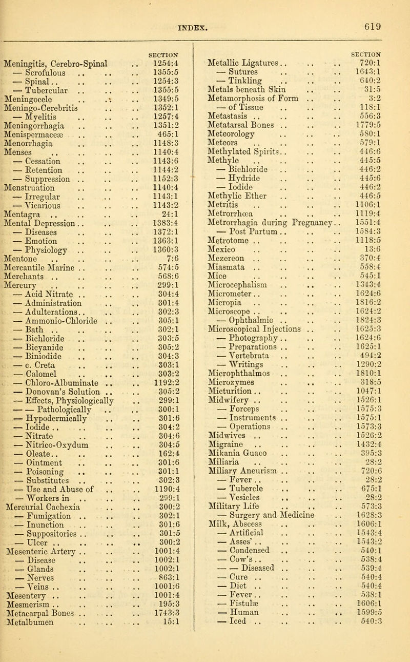 SECTION SECTION Meningitis, Cerebro-Spinal 1254:4 Metallic Ligatures., 720:1 — Scrofulous 1355:5 — Sutures 1643:1 — Spinal.. 1254:3 — Tinkling 640:2 — Tubercular .. 1355:5 Metals beneath Skin 31:5 Meningocele 1349:5 Metamorphosis of Form .. 3:2 Meningo-Cerebritis 1352:1 — of Tissue 118:1 — Myelitis . 1257:4 Metastasis .. 556:3 Meningorrhagia 1351:2 Metatarsal Bones .. 1779:5 Menispermaceaa 465:1 Meteorology 580:1 Menorrhagia 1148:3 Meteors 570:1 Menses 1140:4 Methylated Spirits 446:6 — Cessation 1143:6 Methyle 445:5 — Eetention 1144:2 — Bichloride 446:2 — Suppression .. 1152:3 — Hydride 445:6 Menstruation 1140:4 — Iodide 446:2 — Irregular 1143:1 Methylic Ether 446:5 — Vicarious 1143:2 Metritis 1106:1 Mentagra ., 24:1 Metrorrhoca 1119:4 Mental Depression.. 1383:4 Metrorrhagia during Pregnancy. 1551:4 — Diseases 1372:1 — Post Partum .. 1584:3 — Emotion 1363:1 Metrotome 1118:5 — Physiology .. 1360:3 Mexico 13:6 Mentone 7:6 Mezereon .. 370:4 Mercantile Marine .. 574:5 Miasmata .. 558:4 Merchants .. 568:6 Mice 545:1 Mercury 299:1 Microcephalism 1343:4 — Acid Nitrate .. 304:4 Micrometer.. 1624:6 — Administration 301:4 Micropia 1816:2 — Adulterations.. 302:3 Microscope .. 1624:2 — Ammonio-Chloride .. 305:1 — Ophthalmic .. 1824:3 — Bath 302:1 Microscopical Injections .. . 1625:3 — Bichloride 303:5 — Photography.. 1624:6 — Bicyanide 305:2 — Preparations .. 1625:1 — Biniodide 304:3 — Vertebrata 494:2 — c. Creta 303:1 — Writings 1290:2 — Calomel 303:2 Microphthalmos .. 1810:1 — Chloro-Albuminate .. . 1192:2 Microzymes 318:5 — Donovan's Solution .. 305:2 Micturition .. 1047:1 — Effects, Physiologically 299:1 Midwifery .. 1526:1 Pathologically 300:1 — Forceps 1575:3 — Hypodermically 301:6 — Instruments .. 1575:1 — Iodide .. 304:2 — Operations 1573:3 — Nitrate 304:6 Midwivea .. 1526:2 — Nitrico-Oxydum 304:5 Migraine 1432:4 — Oleate.. 162:4 Mikania Guaco 395:3 — Ointment 301:6 Miliaria 28:2 — Poisoning 301:1 Miliary Aneurism .. 720:6 — Substitutes .. 302:3 — Fever .. 28:2 — Use and Abuse of .. 1190:4 — Tubercle 675:1 — Workers in .. 299:1 — Vesicles .. 28:2 Merciirial Cachexia 300:2 Military Life 573:3 — Fumigation .. .. 302:1 — Surgery and Medicine 1628:3 — Inunction 301:6 Milk, Abscess 1606:1 — Suppositories .. 301:5 —• Artificial 1543:4 — Ulcer .. .. ... 300:2 — Asses' .. 1543:2 Mesenteric Artery .. 1001:4 — Condensed 540:1 — Disease 1002:1 — Cow's.. 538:4 — Glands 1002:1 Diseased .. 639:4 — Nerves 863:1 — Cure .. 540:4 — Veins .. 1001:6 — Diet 540:4 Mesentery .. 1001:4 — Fever.. 538:1 Mesmerism .. 195:3 — Fistulse 1606:1 Metacarpal Bonos .. .. 1743:3 — Human 1599:5 Metalbumen .. .. 15:1 — Iced .. 540:3