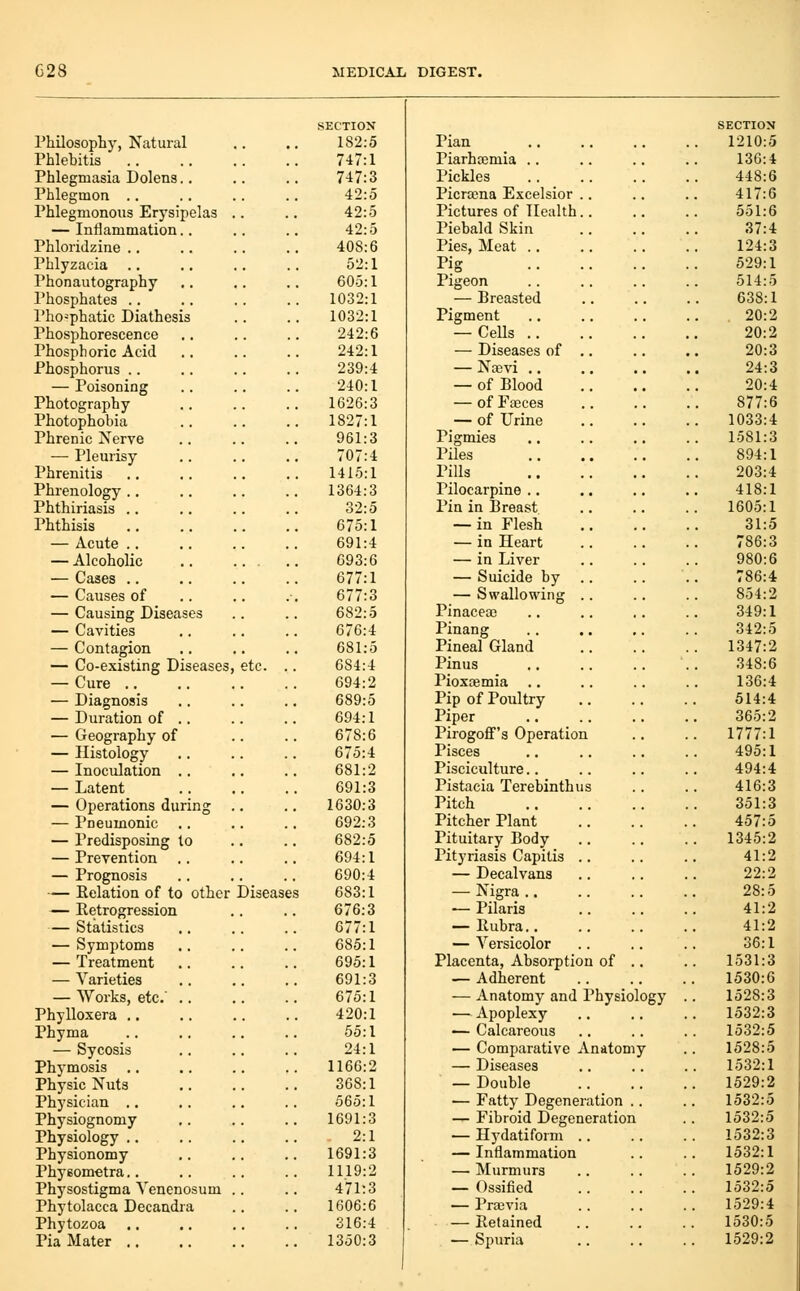 SECTION SECTION Philosophy, Natural 182:5 Pian _ 1210:5 Phlebitis .. 747:1 Piarhcemia .. 136:4 Phlegmasia Dolens. 747:3 Pickles 448:6 Phlegmon .. 42:5 Picroena Excelsior .. 417:6 Phlegmonous Erysip elas .. .. 42:5 Pictures of Health.. 551:6 — Inflammation. 42:5 Piebald Skin 37:4 Phloridzine .. 408:6 Pies, Meat .. 124:3 Phlyzacia .. 52:1 Pig 529:1 Phonautography 605:1 Pigeon 514:5 Phosphates .. 1032:1 — Breasted 638:1 Pho=phatic Diathesis 1032:1 Pigment 20:2 Phosphorescence 242:6 — Cells 20:2 Phosphoric Acid 242:1 — Diseases of .. 20:3 Phosphorus .. 239:4 — Najvi .. 24:3 — Poisoning 240:1 — of Blood 20:4 Photography 1626:3 — of Fajces 877:6 Photophobia 1827:1 — of Urine 1033:4 Phrenic Nerve 961:3 Pigmies 1581:3 — Pleurisy 707:4 Piles 894:1 Phrenitis 1415:1 Pills 203:4 Phrenology .. 1364:3 Pilocarpine .. 418:1 Phthiriasis .. 32:5 Pin in Breast 1605:1 Phthisis 675:1 — in Flesh 31:5 — Acute .. 691:4 — in Heart 786:3 — Alcoholic ... .. 693:6 — in Liver 980:6 — Cases .. 677:1 — Suicide by .. 786:4 — Causes of 677:3 — Swallowing .. 854:2 — Causing Diseas 83 .. .. 682:5 Pinacea3 349:1 — Cavities 676:4 Pinang 342:5 — Contagion 681:5 Pineal Gland 1347:2 — Co-existing Dis eases, etc. .. 684:4 Pinus 348:6 — Cure .. 694:2 Pioxoemia 136:4 — Diagnosis 689:5 Pip of Poultry 614:4 — Duration of . 694:1 Piper 365:2 — Geography of 678:6 Pirogoff's Operation . 1777:1 — Histology 675:4 Pisces 495:1 — Inoculation . 681:2 Pisciculture.. 494:4 — Latent 691:3 Pistacia Terebinthus 416:3 — Operations dur ng .. .. 1630:3 Pitch 351:3 — Pneumonic 692:3 Pitcher Plant 457:5 — Predisposing tc ) .. .. 682:5 Pituitary Body . 1345:2 — Prevention . 694:1 Pityriasis Capitis .. 41:2 — Prognosis 690:4 — Decalvans 22:2 — Eelation of to Other Diseases 683:1 — Nigra .. 28:5 — Retrogression 676:3 — Pilaris 41:2 — Statistics 677:1 — Rubra.. 41:2 — Symptoms 685:1 — Versicolor 36:1 — Treatment 695:1 Placenta, Absorption of ., 1531:3 — Varieties 691:3 — Adherent 1530:6 — Works, etc.' . 675:1 — Anatomy and Physiology . 1528:3 Phylloxera .. 420:1 — Apoplexy 1532:3 Phyma 55:1 •^ Calcareous 1532:5 — Sycosis 24:1 — Comparative Anatomy . 1528:5 Phymosis 1166:2 — Diseases 1532:1 Physic Nuts 368:1 — Double 1529:2 Physician .. 565:1 — Fatty Degeneration .. 1532:5 Physiognomy 1691:3 — Fibroid Degeneration 1532:5 Physiology .. 2:1 — Hydatiform .. . 1532:3 Physionomy 1691:3 — Inflammation 1532:1 Physometra.. 1119:2 — Murmurs 1529:2 Physostigma Veneno sum .. .. 471:3 — Ossified 1532:5 Phytolacca Decandrt I .. .. 1606:6 — Previa 1529:4 Phytozoa .. 316:4 — Retained 1530:5 Pia Mater .. 1350:3 — Spuria 1529:2