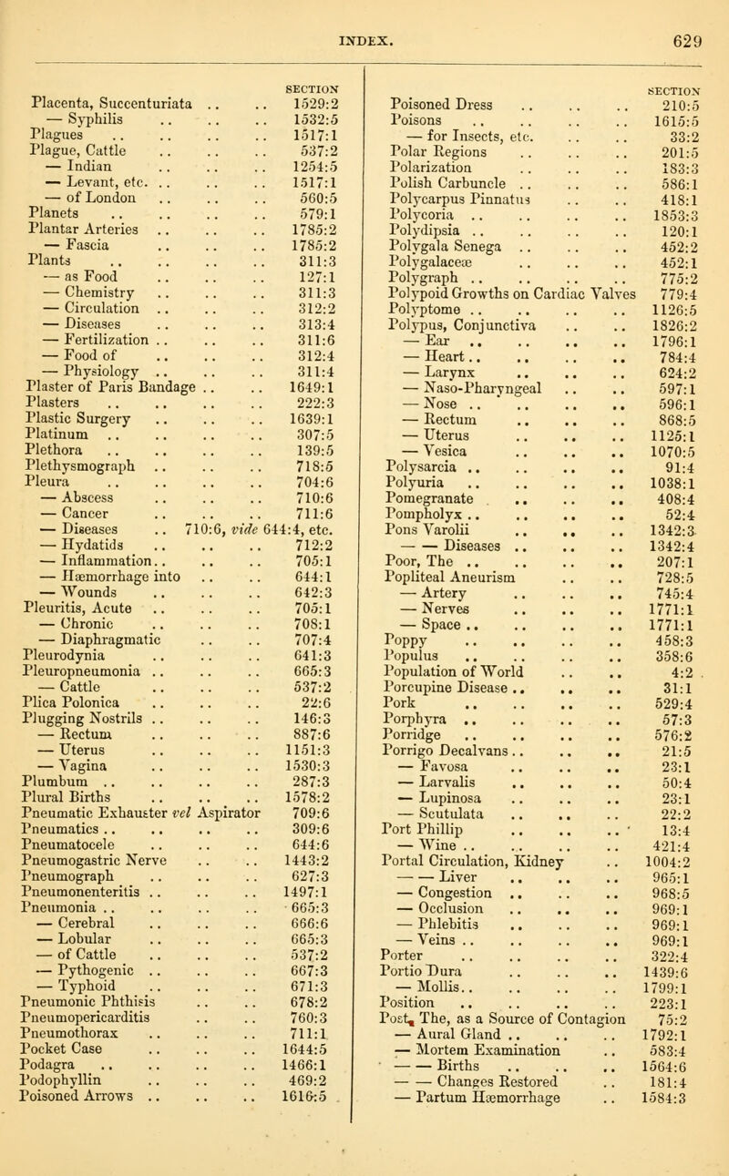 SECTION Placenta, Succenturiata .. .. 1529:2 — Syphilis 1532:5 Plagues lol7:l Plague, Cattle 537:2 — Indian 1254:5 — Levant, etc. .. .. .. 1517:1 — of London 560:5 Planets 579:1 Plantar Arteries 1785:2 — Fascia 1785:2 Plants 311:3 — as Food 127:1 — Chemistry 311:3 — Circulation 312:2 — Diseases .. .. .. 313:4 — Fertilization 311:6 — Food of 312:4 — Physiology 311:4 Plaster of Paris Bandage .. .. 1649:1 Plasters 222:3 Plastic Surgery 1639:1 Platinum 307:5 Plethora 139:5 Plethysmograph .. .. .. 718:5 Pleura 704:6 — Abscess .. .. .. 710:6 — Cancer 711:6 — Diseases .. 710:6, vide 644:4, etc. — Hydatids 712:2 — Inflammation.. .. .. 705:1 — Haemorrhage into .. .. 644:1 — Wounds 642:3 Pleuritis, Acute .. .. .. 705:1 — Chronic .. .. .. 708:1 — Diaphragmatic .. .. 707:4 Pleurodynia .. .. .. 641:3 Pleuropneumonia .. .. .. 665:3 — Cattle 537:2 Plica Polonica 22:6 Plugging Nostrils .. .. .. 146:3 — Rectum 887:6 — Uterus 1151:3 — Vagina 1530:3 Plumbum 287:3 Plural Births .. .. _ .. 1578:2 Pneumatic Exhauster vel Aspirator 709:6 Pneumatics 309:6 Pneumatocele .. .. .. 644:6 Pneumogastric Nerve .. .. 1443:2 Pneumograph .. .. .. 627:3 Pneumonenteritis .. .. .. 1497:1 Pneumonia .. .. .. .. -665:3 — Cerebral 666:6 — Lobular 665:3 — of Cattle 537:2 — Pythogenic 667:3 — Typhoid 671:3 Pneumonic Phthisis .. .. 678:2 Pueumopericarditis .. .. 760:3 Pneumothorax .. .. .. 711:1 Pocket Case 1644:5 Podagra 1466:1 Podophyllin 469:2 Poisoned Arrows .. .. .. 1616:5 SECTION Poisoned Dress .. ,. .. 210:5 Poisons .. .. .. .. 1615:5 — for Insects, etc. .. .. 33:2 Polar Regions .. .. .. 201:5 Polarization .. .. .. 183:3 Polish Carbuncle 586:1 Polycarpus Pinnatu^ .. .. 418:1 Polycoria 1853:3 Polydipsia 120:1 Polygala Senega 452:2 Polygalacea3 .. .. .. 452:1 Polygraph 775:2 Polypoid Growths on Cardiac Valves 779:4 Polyptome 1126:5 Polypus, Conjunctiva .. .. 1826:2 — Ear 1796:1 — Heart 784:4 —Larynx .. .. .. 624:2 — Naso-Pharyngeal .. .. 597:1 — Nose .. * 596:1 — Rectum 868:5 — Uterus 1125:1 — Vesica 1070:5 Polysarcia .. .. .. .. 91:4 Polyuria 1038:1 Pomegranate .. .. .. 408:4 Pompholyx .. .. .. .. 52:4 Pons Varolii 1342:3 Diseases 1342:4 Poor, The 207:1 Popliteal Aneurism .. .. 728:5 — Artery .. .. .. 745:4 — Nerves 1771:1 — Space 1771:1 Poppy 458:3 Populus 358:6 Population of World .. .. 4:2 . Porcupine Disease.. .. .. 31:1 Pork 529:4 Porpbyra 57:3 Porridge 576:2 Porrigo Decalvans.. .. .. 21:5 — Favosa 23:1 — Larvalis .. .. .. 50:4 — Lupinosa .. .. .. 23:1 — Scutulata 22:2 Port Phillip • 13:4 — Wine 421:4 Portal Circulation, Ividney .. 1004:2 Liver 965:1 — Congestion .. .. .. 968:5 — Occlusion .. .. .. 969:1 — Phlebitis 969:1 — Veins 969:1 Porter 322:4 PortioDura .. .. .. 1439:6 — Mollis 1799:1 Position .. .. .. .. 223:1 Post, The, as a Source of Contagion 75:2 — Aural Gland 1792:1 — Mortem Examination .. 583:4 Births 1564:6 Changes Restored .. 181:4 — Partum Haemorrhage .. 1584:3