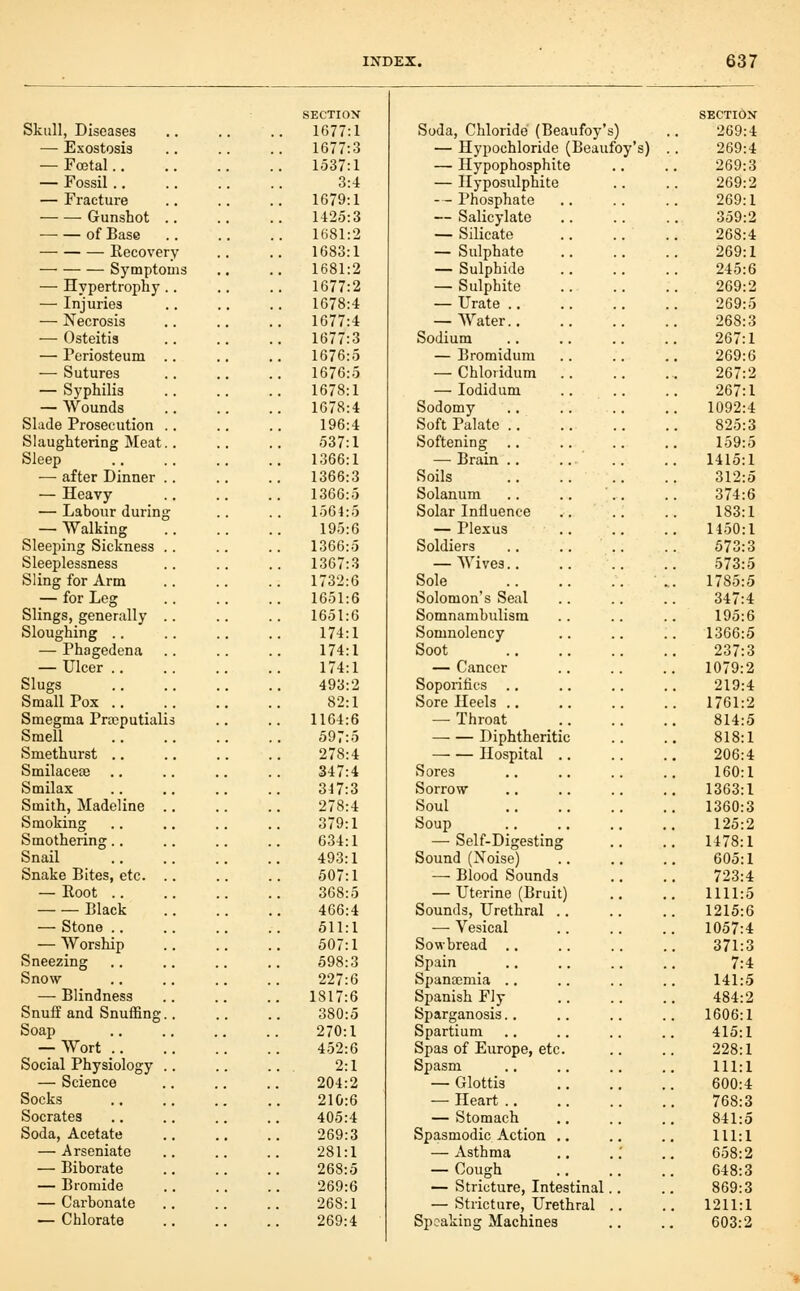 Skull, Diseases — Exostosis — Foetal.. — Fossil.. — Fracture Gunshot — — of Base Eecovery Symptoms — Hypertrophy — Injuries — Necrosis — Osteitis — Periosteum — Sutures — Syphilis — Wounds Slade Prosecution Slaughtering Meat. Sleep — after Dinner — Heavy — Labour durins; — Walking Sleeping Sickness Sleeplessness Sling for Arm — for Leg Slings, generally Sloughing .. — Phagedena — Ulcer .. Slugs Small Pox .. Smegma Prtcputialii Smell Smethurst .. Smilacese Smilax Smith, Madeline Smoking Smothering.. Snail Snake Bites, etc. — Eoot .. Black — Stone .. — Worship Sneezing Snow — Blindness Snuff and Snuffing Soap — Wort .. Social Physiology — Science Socks Socrates Soda, Acetate — Arseniate — Biborate — Bromide — Cai'bonate — Chlorate SECTIOX 1677:1 1677:3 1537:1 3:4 1679:1 1425:3 1681:2 1683:1 1681:2 1677:2 1678:4 1677:4 1677:3 1676:5 1676:5 1678:1 1678:4 196:4 537:1 1366:1 1366:3 1366:5 1564:5 195:6 1366:5 1367:3 1732:6 1651:6 1651:6 174:1 174:1 174:1 493:2 82:1 1164:6 597:5 278:4 347:4 347:3 278:4 379:1 634:1 493:1 507:1 368:5 466:4 511:1 507:1 598:3 227:6 1817:6 380:5 270:1 452:6 2:1 204:2 210:6 405:4 269:3 281:1 268:5 269:6 268:1 269:4 Soda, Chloride (Beaufoy's) — Hypochloride (Beaufoy's) — Hypophosphite — Hyposulphite — - Phosphate — Salicylate — Silicate — Sulphate — Sulphide — Sulphite — Urate .. — Water.. Sodium — Bromidum — Chloiidum — lodidum Sodomy Soft Palate .. Softening .. — Brain .. Soils Solanum Solar Influence — Plexus Soldiers — Wives.. Sole Solomon's Seal Somnambulism Somnolency Soot — Cancer Soporifics ., Sore Heels .. — Throat Diphtheritic Hospital Sores Sorrow- Soul Soup — Self-Digesting Sound (Xoise) —■ Blood Sounds — Uterine (Bruit) Sounds, Urethral — Vesical Sowbread .. Spain Spanaemia .. Spanish Fly Sparganosis.. Spartium Spas of Europe, etc. Spasm — Glottis — Heart ., — Stomach Spasmodic Action — Asthma — Cough — Stricture, Intestinal.. — Stricture, Urethral .. Speaking Machines