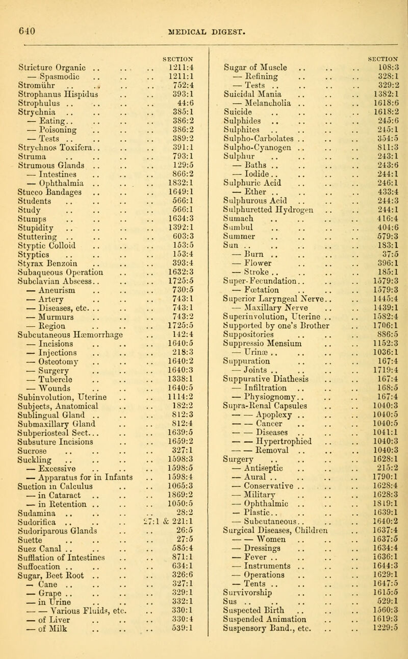SECTION SECTION Stricture Organic .. 1211:4 Sugar of Muscle 108:3 — Spasmodic 1211:1 — Refining 328:1 Stromiihr 752:4 — Tests .. 329:2 Stroplianus IlispiJus 393:1 Suicidal Mania 1382:1 Strophulus .. 44:6 — Melancholia . 1618:6 Strychnia 385:1 Suicide 1618:2 — Eating.. 386:2 Sulphides 245:6 — Poisoning 386:2 Sulphites 245:1 — Tests .. 389:2 Sulpho-Carbolates . 354:5 Strychnos Toxifera.. 391:1 Sulpho-Cyanogen . 811:3 Struma 793:1 Sulphur 243:1 Strumous Glands .. 129:5 — Baths .. 243:6 — Intestines 866:2 — Iodide.. 244:1 — Ophthalmia .. .. 1832:1 Sulphuric Acid 246:1 Stucco Bandages 1649:1 — Ether .. 433:4 Students 566:1 Sulphurous Acid 244:3 Study 566:1 Sulphuretted Hydi-og en .. 244:1 Stumps 1634:3 Sumach 416:4 Stupidity 1392:1 Siimbul 404:6 Stuttering . . 603:3 Summer 579:3 Styptic Colloid 153:5 Sun 183:1 Styptics 153:4 — Burn ,. 37:5 Styrax Benzoin 393:4 — Flower 396:1 Subaqueous Operation 1632:3 — Stroke ., 185:1 Subclavian Abscess.. 1725:5 S uper- Fecundation. 1579:3 — Aneurism 730:5 — Foetation . 1579:3 — Artery 743:1 Superior Laryngeal Nerve.. 1445:4 — Diseases, etc. .. 743:1 — Maxillary Nerve 1439:1 — Murmurs 743:2 Superinvolution, Uterine .. 1582:4 — Region . 1725:5 Supported by one's Brother 1706:1 Subcutaneous Haemorrhage 142:4 Suppositories 886:5 — Incisions 1640:5 Suppressio Mensium 1152:3 — Injections 218:3 — Urina) ., 1036:1 — Osteotomy 1640:2 Suppuration 167:4 — Surgery 1640:3 — Joints .. 1719:4 — Tubercle 1338:1 Suppurative Diathesis 167:4 — Wounds 1640:5 — Infiltration 168:5 Subinvolution, Uterine 1114:2 — Physiognomy.. 167:4 Subjects, Anatomical 182:2 Supra-Renal Capsules 1040:3 Sublingual Gland .. 812:3 Apoplexy .. 1040:5 Submaxillary Gland 812:4 Cancer 1040:5 Subperiosteal Sect... 1639:5 Diseases 1041:1 Subsuture Incisions 1659:2 Ilypertropbied 1040:3 Sucrose 327:1 Removal .. 1040:3 Suckling 1598:3 Surgery 1628:1 — Excessive 1598:5 — Antiseptic 215:2 — Apparatus for in Infants 1598:4 — Aural .. 1790:1 Suction in Calculus 1065:3 — Conservative .. 1628:4 — in Cataract 1869:2 — Military 1628:3 — in Retention .. 1050:5 — Ophthalmic .. 1819:1 Sudamina .. 28:2 — Plastic 1639:1 Sudoriiica .. .. .. - 7:1 & 221:1 —Subcutaneous.. 1640:2 Sudoriparous Glands 26:5 Surgical Diseases, Child:en 1637:4 Suette 27:5 Women . 1637:5 Suez Canal ., 585:4 — Dressings 1634:4 Sufflation of Intestines 871:1 — Fever .. 1636:1 Suffocation ., 634:1 — Instruments .. 1644:3 Sugar, Beet Root .. 326:6 — Operations 1629:1 — Cane .. 327:1 — Tents 1647:5 — Grape .. 329:1 Survivorship 1615:5 — in Urine 332:1 Sus 529:1 Various Fluids, etc. 330:1 Suspected Birth 1560:3 — of Liver 330:4 Suspended Animation 1619:3 — of Milk 539:1 Suspensory Band., etc. 1229:5