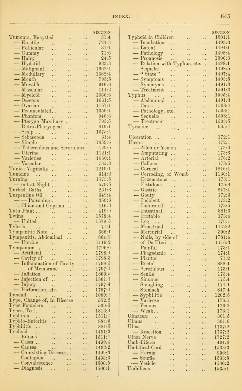Tumours, Encysted — Erectile — Follicular — Gummy — Hairy — Hydatid — Malignant — Medullary — Mouth — Movable — Muscular — Myeloid — Osseous — Ovarian — Pedunculated.. — Phantom — Pterygo-Maxillar}- , — Eetro-Pharyngcai ■—■ Scalp .. — Sebaceous — Simple — Tuberculous and Scr — Uterine — Varieties — Yascular Tunica Vaginalis .. Tunicine Turning — out at Xight .. Turkish Baths Turpentine Oil Poisoning .. — Chian and Cyprian Tutu Plant.. Twins •— United Tylosis Tympanitic Note .. Tympanitis, Abdominal — Uterine Tympanum . . — Artificial — Cavitj of — Inflammation of Ca\ ■ of Membrane — Inflation — Injection of .. — Injury — Perforation, etc. Tyndall Type, Change of, in Disc; Type Founders Types, Test.. Typhinia Typblo-Enteritis .. Typhilitis .. Typhoid — Bilious — Cases ,, — Causes — Co-exisfing Diseases — Contagion — Convalescence — Diagnosis ofulous ify .SECTION 31:4 Typhoid in Children 724:3 — Incubation 31:4 — Latent 71:6 — Pathology 24:5 — Prognosis 933:3 — Relation ■with '. 1662:4 — Sequelcc 1662:4 — '^ State 795:5 — Symptoms 946:6 — Synonyms 114:2 — Treatment 1660:6 Typhus 1661:5 — Abdominal .. 1157:1 — Cases .. 1659:4 — Pathology, etc. 946:3 — Sequela; 795:5 — Treatment 816:1 Tyrocine 1675:4 31:4 Ulceration .. 1659:6 Ulcers 129:5 — Aden or Yemei 1121:1 — Amputating .. 1660:1 — Arterial 735:3 ■— Callous 1219:1 — Corneal 314:2 — Corroding, of ' 1573:5 — Eczematous .. 579:5 — Fistulous 231:3 — Gastric 349:4 — Gouty 350:3 — Indolent 416:3 — Indurated 419:5 — Intestinal 1578:4 — Irritable 1579:3 -Leg .. 71:1 — Menstrual 666:1 — Mercurial 864:2 — - Nails, by side o 1119:2 — of Os Uteri .. 1796:6 — Painful 1798:1 — Phagedenic .. 1798:3 — Plantar 1798:3 — Eectal 1797:1 — Scrofulous 1800:5 — Senile 1801:1 — Sinuous 1797:4 — Sloughing 1797:4 — Stomach 1080:1 — Sypbilitic 552:2 — A'aricoso 569:3 — Venoiis 1813:4 — ^Veak.. 1511:1 Ulmacecc 884:5 Ulmus 884:5 Ulna 1491:3 — Resection 1511:1 Ulnar Xerve 1499:4 Umbeiliferaj 1492:2 Umbilical Cord 1499:3 — Hernia 1493:3 — Souffle 1500:5 — Vesicle 1500:1 Umbilicus Typh; Womb of