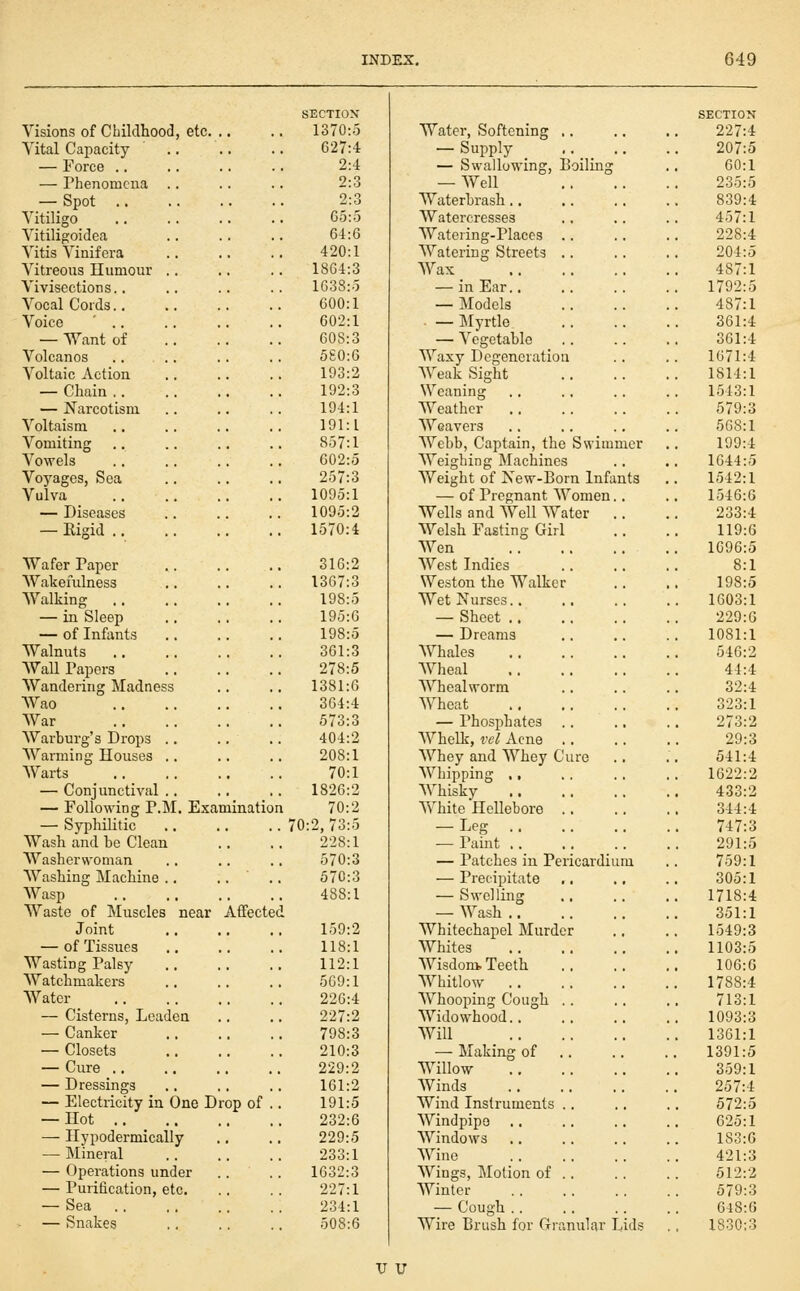 SECTION' SECTIOX Visions of Childhood, etc. .. 1370:5 Water, Softening .. 227:4 Vital Capacity .. 627:4 — Supply _ ■•..•• 207:5 — Force .. 2:4 — Swallowing, Boiling 60:1 — rhenomcna .. 2:3 — Well 235:5 — Spot 2:3 Waterhrash.. 839:4 Vitiligo C5:o Watercresses 457:1 Vitiligoidea G4:6 Watering-Places .. 228:4 Vitis Vinifera 420:1 Watering Streets .. 204:5 Vitreous Ilumoiu' .. 1864:3 Wax 487:1 Vivisections.. 1638:o — in Ear.. 1792:5 Vocal Cords.. 600:1 — Models 487:1 Voice ' .. 602:1 — Myrtle 361:4 — Want of 608:3 — Vegetable 361:4 Volcanos .. .. 580:6 Waxy Degeneration 1671:4 Voltaic Action 193:2 Weak Sight 1814:1 — Chain .. 192:3 Weaning 1543:1 — Narcotism 194:1 Weather 579:3 Voltaisni 191:1 Weavers 568:1 Vomiting 8.57:1 Webb, Captain, the Swimmer 199:4 Vowels 602:5 Weighing Machines 1644:5 Voyages, Sea 257:3 Vfeight of New-Born Infants 1542:1 Vulva 1095:1 — of Pregnant Women.. L546:6 — Diseases 1095:2 Wells and Well Water .. 233:4 — Eigid .. 1570:4 Welsh Fasting Girl 119:6 Wen 1096:5 Wafer Paper 316:2 West Indies 8:1 Wakefulness 1367:3 Weston the Walker 198:5 Walking 198:5 Wet Nurses.. 1603:1 — in Sleep 195:6 — Sheet 229:6 — of Infants 198:5 — Dreams 1081:1 Walnuts 361:3 Whales 546:2 Wall Papers 278:5 Wheal 44:4 Wandering Madness 1381:6 Whoalworm 32:4 Wao 364:4 Wheat 323:1 War 573:3 — Phosphates .. 273:2 Warburg's Drops .. .. 404:2 Whelk, I'd Acne .. 29:3 Warming Houses .. 208:1 Whey and Whey Cure 541:4 Warts 70:1 Whipping ,, 1622:2 — Conjunctival . . 1826:2 AVhisky 433:2 — Following P.M. Examinatior I 70:2 White Hellebore .. 344:4 — Syphilitic 70:2, 73:5 — Leg 747:3 Wash and he Clean 228:1 — Paint 291:5 Washerwoman 570:3 — Patches in Pericardium 759:1 Washing Machine .. .. ' . 570:3 — Precipitate 305:1 Wasp 488:1 -Swelling . 1718:4 Waste of Muscles near Atfectec — Wash 351:1 Joint 159:2 Whitechapel Murder 1549:3 — of Tissues 118:1 Whites 1103:5 Wasting Palsy 112:1 Wisdom. Teeth 106:6 Watchmakers 569:1 Whitlow 1788:4 Water 226:4 Whooping Cough .. 713:1 — Cisterns, Leaden 227:2 Widowhood.. 1093:3 — Canker 798:3 Will _ 1361:1 — Closets 210:3 — Making of .. 1391:5 — Cure .. 229:2 Willow 359:1 — Dressings 161:2 Winds 257:4 — Electricity in One Drop of . 191:5 Wind Instruments .. 572:5 — Hot 232:6 Windpipe 625:1 — Ilypodermically 229:5 Windows 183:6 — Mineral 233:1 Wine 421:3 — Operations under 1632:3 Wings, Motion of 512:2 — Purification, etc. 227:1 Winter 579:3 — Sea 234:1 — Cough .. 648:6 • — Snakes 508:6 Wire Brush for Granular Lids 1830:3 V u