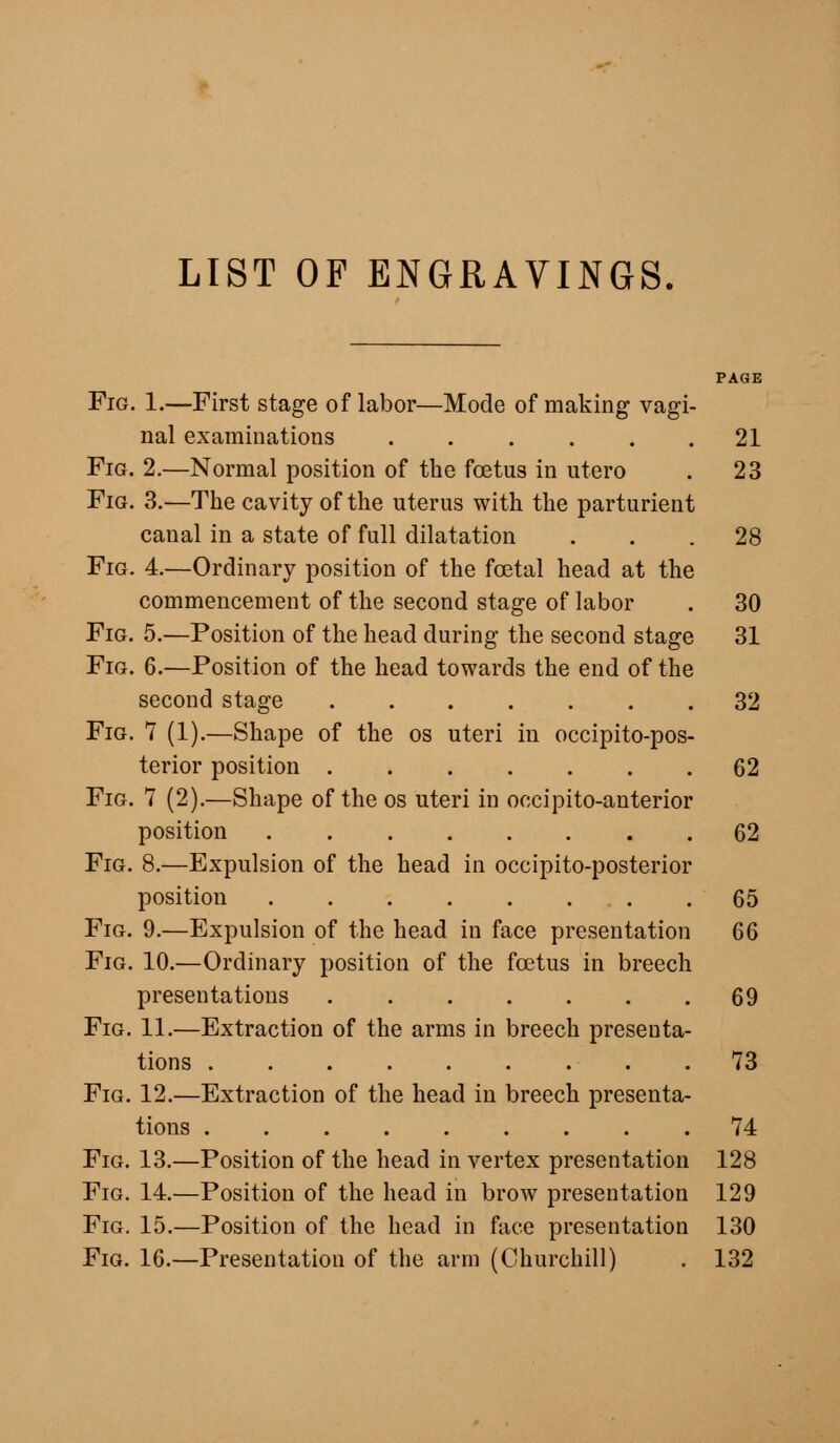 LIST OF ENGRAVINGS. PAGE Fig. 1.—First stage of labor—Mode of making vagi- nal examinations 21 Fig. 2.—Normal position of the foetus in utero . 23 Fig. 3.—The cavity of the uterus with the parturient canal in a state of full dilatation ... 28 Fig. 4.—Ordinary position of the foetal head at the commencement of the second stage of labor . 30 Fig. 5.—Position of the head during the second stage 31 Fig. 6.—Position of the head towards the end of the second stage 32 Fig. 7 (1).—Shape of the os uteri in occipito-pos- terior position 62 Fig. 7 (2).—Shape of the os uteri in occipito-anterior position 62 Fig. 8.—Expulsion of the head in occipito-posterior position .65 Fig. 9.—Expulsion of the head in face presentation 66 Fig. 10.—Ordinary position of the foetus in breech presentations 69 Fig. 11.—Extraction of the arms in breech presenta- tions 73 Fig. 12.—Extraction of the head in breech presenta- tions 74 Fig. 13.—Position of the head in vertex presentation 128 Fig. 14.—Position of the head in brow presentation 129 Fig. 15.—Position of the head in face presentation 130 Fig. 16.—Presentation of the arm (Churchill) . 132