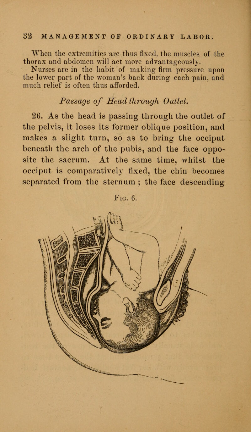 When the extremities are thus fixed, the muscles of the thorax and abdomen will act more advantageously. Nurses are in the habit of making firm pressure upon the lower part of the woman's back during each pain, and much relief is often thus afforded. Passage of Head through Outlet. 26. As the head is passing through the outlet of the pelvis, it loses its former oblique position, and makes a slight turn, so as to bring the occiput beneath the arch of the pubis, and the face oppo- site the sacrum. At the same time, whilst the occiput is comparatively fixed, the chin becomes separated from the sternum ; the face descending Fig. 6.