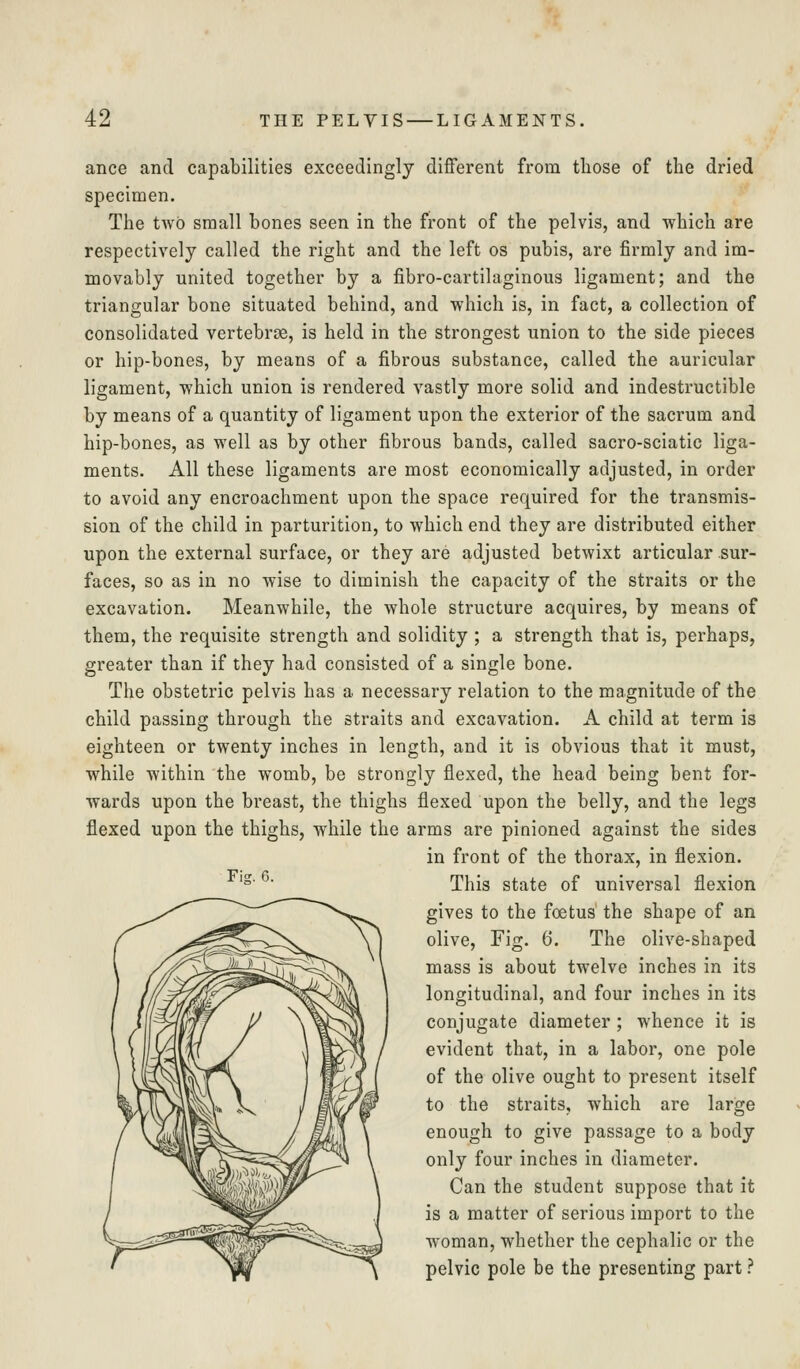 ance and capabilities exceedingly different from tliose of the dried specimen. The two small bones seen in the front of the pelvis, and which are respectively called the right and the left os pubis, are firmly and im- movably united together by a fibro-cartilaginous ligament; and the triangular bone situated behind, and which is, in fact, a collection of consolidated vertebrse, is held in the strongest union to the side pieces or hip-bones, by means of a fibrous substance, called the auricular ligament, which union is rendered vastly more solid and indestructible by means of a quantity of ligament upon the exterior of the sacrum and hip-bones, as well as by other fibrous bands, called sacro-sciatic liga- ments. All these ligaments are most economically adjusted, in order to avoid any encroachment upon the space required for the transmis- sion of the child in parturition, to which end they are distributed either upon the external surface, or they are adjusted betwixt articular sur- faces, so as in no wise to diminish the capacity of the straits or the excavation. Meanwhile, the whole structure acquires, by means of them, the requisite strength and solidity ; a strength that is, perhaps, greater than if they had consisted of a single bone. The obstetric pelvis has a necessary relation to the magnitude of the child passing through the straits and excavation. A child at term is eighteen or twenty inches in length, and it is obvious that it must, while within the womb, be strongly flexed, the head being bent for- wards upon the breast, the thighs flexed upon the belly, and the legs flexed upon the thighs, while the arms are pinioned against the sides in front of the thorax, in flexion. '' ^ This state of universal flexion gives to the foetus' the shape of an olive. Fig. 6. The olive-shaped mass is about twelve inches in its longitudinal, and four inches in its conjugate diameter ; whence it is evident that, in a labor, one pole of the olive ought to present itself to the straits, which are large enough to give passage to a body only four inches in diameter. Can the student suppose that it is a matter of serious import to the woman, whether the cephalic or the pelvic pole be the presenting part ?