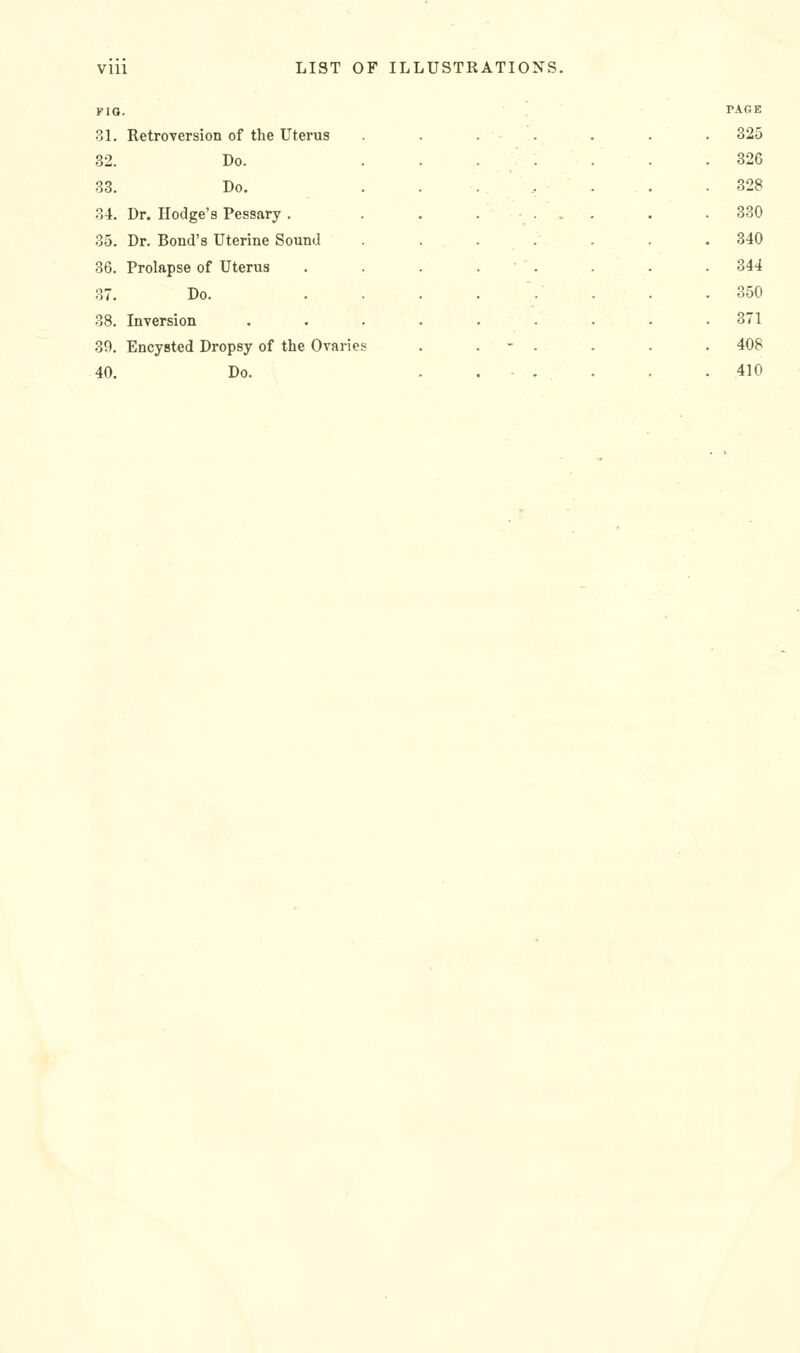 FIO. PAGE 3L Retroversion of the Uterus . . . . . . .325 82, Do. 326 33. Do. 328 34. Dr. Hodge's Pessary , ■ • 330 35. Dr. Bond's Uterine Sound 340 36. Prolapse of Uterus 344 37. Do. 350 38. Inversion 371 39. Encysted Dropsy of the Ovaries - . 408 40. Do, , 410