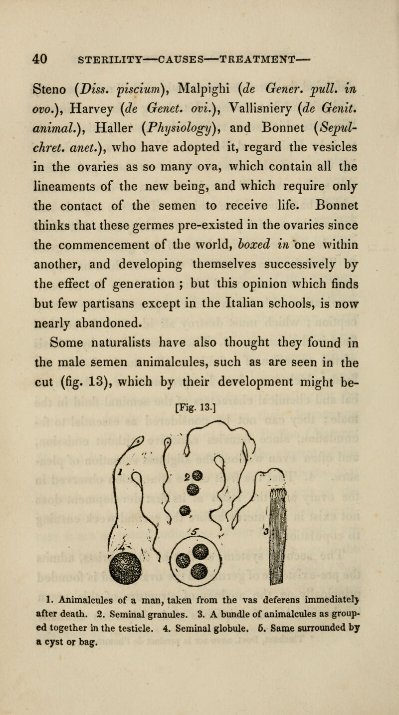 Steno (Diss, 'piscium)^ Malpighi (de Gener. pull, in ovo.)f Harvey {de Genet, ovi.), Vallisniery {de Genit. animal.), Haller {Physiology), and Bonnet {Sepul- chret. anet.), who have adopted it, regard the vesicles in the ovaries as so many ova, which contain all the lineaments of the new being, and which require only the contact of the semen to receive life. Bonnet thinks that these germes pre-existed in the ovaries since the commencement of the world, boxed in one within another, and developing themselves successively by the effect of generation ; but this opinion which finds but few partisans except in the Italian schools, is now nearly abandoned. Some naturalists have also thought they found in the male semen animalcules, such as are seen in the cut (fig. 13), which by their development might be- [Fig. 13.] 1. Animalcules of a man, taken from the vas deferens immediatelj after death. 2. Seminal granules. 3. A bundle of animalctiles as group- ed together in the testicle. 4. Seminal globule. 5. Same surrounded by a cyst or bag.