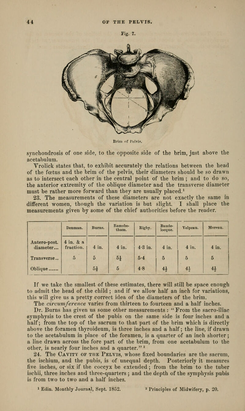 Fig. 7. Brim of I'elTis. synchondrosis of one side, to the opposite side of the brim, just above the acetabulum. Yrolick states that, to exhibit accurately the relations between the head of the foetus and the brim of the pelvis, their diameters should be so drawn as to intersect each other in the central point of the brim ; and to do so, the anterior extremity of the oblique diameter and the transverse diameter must be rather more forward than they are usually placed.^ 23. The measurements of these diameters are not exactly the same in diflferent women, though the variation is but slight. I shall place the measurements given by some of the chief authorities before the reader. Antero-post. diameter... Transverse.. Oblique Denman. Burns. Ratnsbo- tbam. Rigby. Baude- locque. Velpeau. Moreau. i 4 in. & a fraction. 5 4 in. 5 4 in. H 5 4-3 in. 5-4 4-8 4 in. 5 4 in. 5 ^ 4 in. 5 ^ If we take the smallest of these estimates, there will still be space enough to admit the head of the child ; and if we allow half an inch for variations, this will give us a pretty correct idea of the diameters of the brim. The circumference varies from thirteen to fourteen and a half inches. Dr. Burns has given us some other measurements : From the sacro-iliac symphysis to the crest of the pubis on the same side is four inches and a half; from the top of the sacrum to that part of the brim which is directly above the foramen thyroideum, is three inches and a half; the line, if drawn to the acetabulum in place of the foramen, is a quarter of an inch shorter; a line drawn across the fore part of the brim, from one acetabulum to the other, is nearly four inches and a quarter. ^ 24. The Cavity of tfie Pelvis, whose fixed boundaries are the sacrum, the ischium, and the pubis, is of unequal depth. Posteriorly it measures five inches, or six if the coccyx be extended ; from the brim to the tuber ischii, three inches and three-quarters ; and the depth of the symphysis pubis is from two to two and a half inches.