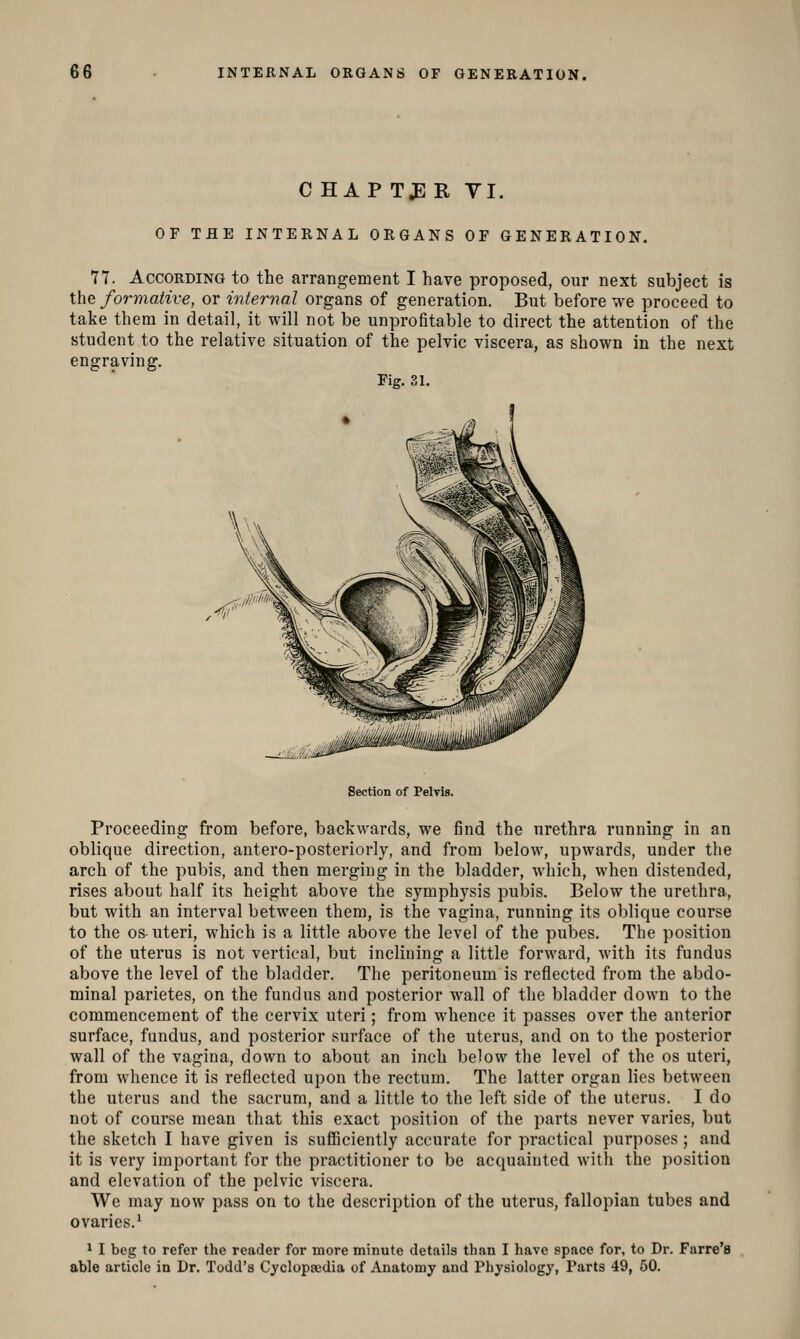 C HA P T^ R YI. OF THE INTERNAL ORGANS OF GENERATION. 77. According to the arrangement I have proposed, our next subject is the formative, or internal organs of generation. But before we proceed to take them in detail, it will not be unprofitable to direct the attention of the student to the relative situation of the pelvic viscera, as shown in the next engraving. Pig. 31. —iiiiiJ/iji Section of Pelvis. Proceeding from before, backwards, we find the urethra running in an oblique direction, antero-posteriorly, and from below, upwards, under the arch of the pubis, and then merging in the bladder, which, when distended, rises about half its height above the symphysis pubis. Below the urethra, but with an interval between them, is the vagina, running its oblique course to the OS-uteri, which is a little above the level of the pubes. The position of the uterus is not vertical, but inclining a little forward, with its fundus above the level of the bladder. The peritoneum is reflected from the abdo- minal parietes, on the fundus and posterior wall of the bladder down to the commencement of the cervix uteri; from whence it passes over the anterior surface, fundus, and posterior surface of the uterus, and on to the posterior wall of the vagina, down to about an inch below the level of the os uteri, from whence it is reflected upon the rectum. The latter organ lies between the uterus and the sacrum, and a little to the left side of the uterus. I do not of course mean that this exact position of the parts never varies, but the sketch I have given is suflBciently accurate for practical purposes ; and it is very important for the practitioner to be acquainted with the position and elevation of the pelvic viscera. We may now pass on to the description of the uterus, fallopian tubes and ovaries.' 1 I beg to refer the reader for more minute details than I have space for, to Dr. Farre'a able article in Dr. Todd's Cyclopaedia of Anatomy and Physiology, Parts 49, 50.