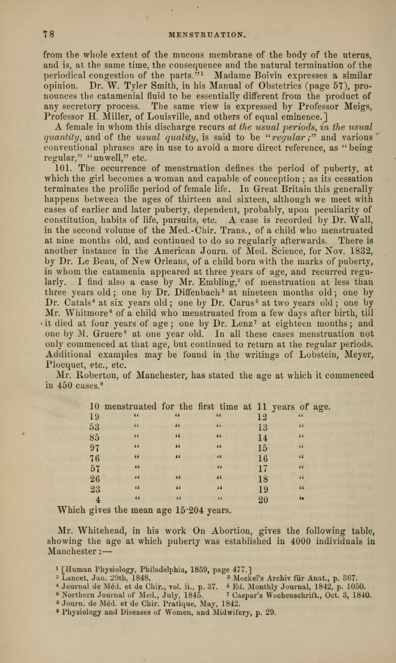 from the whole extent of the mucous membrane of the body of the uterus, and is, at the same time, the consequence and the natural termination of the periodical congestion of the parts.^ Madame Boivin expresses a similar opinion. Dr. W. Tyler Smith, in his Manual of Obstetrics (page 51), pro- nounces the catamenial fluid to be essentially different from the product of any secretory process. The same view is expressed by Professor Meigs, Professor H. Miller, of Louisville, and others of equal eminence.] A female in whom this discharge recurs at the usual j)eriods, in the usual quantify, and of the usual quality, is said to be  7'egular ;'^ and various ' conventional phrases are in use to avoid a more direct reference, as  being regular, unwell, etc. 101. The occurrence of menstruation defines the period of puberty, at which the girl becomes a woman and capable of conception ; as its cessation terminates the prolific period of female life. In Great Britain this generally happens between the ages of thirteen and sixteen, although we meet with cases of earlier and later puberty, dependent, probably, upon peculiarity of constitution, habits of life, pursuits, etc. A case is recorded by Dr. Wall, in the second volume of the Med.-Chir. Trans., of a child who menstruated at nine months old, and continued to do so regularly afterwards. There is another instance in the American Journ. of Med. Science, for Nov. 1832, by Dr. Le Beau, of New Orleans, of a child born with the marks of puberty, in whom the catamenia appeared at three years of age, and recurred regu- larly. I find also a case by Mr. Embling,- of menstruation at less than three years old; one by Dr. Diffenbach^ at nineteen months old; one by Dr. Catals* at six years old; one by Dr. Carus^ at two years old ; one by Mr. Whitmore^ of a child who menstruated from a few days after birth, till •it died at four years of age; one by Dr. Lenz' at eighteen months; and one by M. Gruere* at one year old. In all these cases menstruation not only commenced at that age, but continued to return at the regular periods. Additional examples may be found in the writings of Lobsteiu, Meyer, Plocquet, etc., etc. Mr. Robertou, of Manchester, has stated the age at which it commenced in 450 cases.^ 10 menstruated for the first time at 11 years of age. 19 11  12 53 <i li 13 85 « « 14 97 (1 « 15 76 « « 16 57 K 17 26 « (( 18 23 i( <l 19 4 ((  20 lich gives the mean age 15-204 years. Mr. Whitehead, in his work On Abortion, gives the following table, showing the age at which puberty was established in 4000 individuals in Manchester:— 1 [Human Physiology, Philadelphia, 1859, page 477.] ^ Lancet. Jan. 2'Jlh, 1848. 3 Meckel's Archiv fiir Anat, p. 367. * .Journal de Med. et de Chir., vol. ii., p. 37. * Ed. Monthly Journal, 1842, p. 1050. 6 Northern Journal of Med., July, 1845. ' Caspar's Wocheuschril't., Oct. 3, 1840. 8 Journ. de M6d. et de Chir. Pratique, May, 1842. 9 Physiology and Diseases of Women, and Midwifery, p. 29.