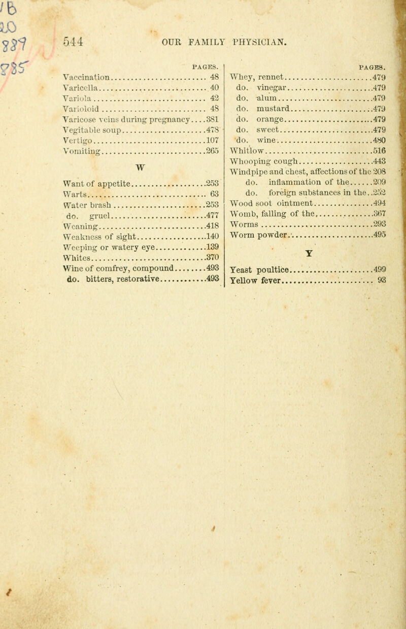 PAGES. Vaccination 48 Varicella 40 Viiilnia 42 Varioloid 48 Varicose veins during pregnancy 381 Vegitable soup 478 Vertigo 107 Vomiting 265 TV Waul of appetite 253 Warts 63 Water brash 253 do. gruel 477 Weaning 418 Weakness of siglit 140 Weeping or watery eye 139 WHiites 370 Wine of comfrey, compound 493 do. bitters, restorative 493 PAGES. Whey, rennet 479 do. vinegar 479 do. alum 479 do. mustard .479 do. orange 479 do. sweet 479 do. wine. 480 Whitlow 516 Whooping cough 443 Wuulpipe and chest, affections of the 208 do. inflammation of the 209 do. foreign substances in the..2.')2 Wood soot ointment 494 Womb, falling of the 367 Worms 293 Worm powder. 495 Y Yeast poultice 499 Yellow fever 93