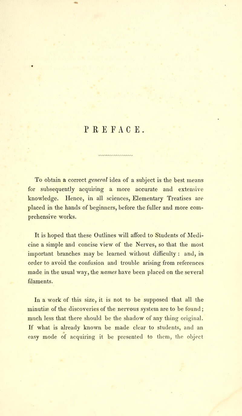 PRE FAC E. To obtain a correct general idea of a subject is the best means for subsequently acquiring a more accurate and extensive knowledge. Hence, in all sciences, Elementary Treatises are placed in the hands of beginners, before the fuller and more com- prehensive works. It is hoped that these Outlines will afford to Students of Medi- cine a simple and concise view of the Nerves, so that the most important branches may be learned without difficulty : and, in order to avoid the confusion and trouble arising from references made in the usual way, the names have been placed on the several filaments. In a work of this size, it is not to be supposed that all the minutiae of the discoveries of the nervous system are to be found; much less that there should be the shadow of any thing original. If what is already known be made clear to students, and an easy mode of acquiring it be presented to them, the object