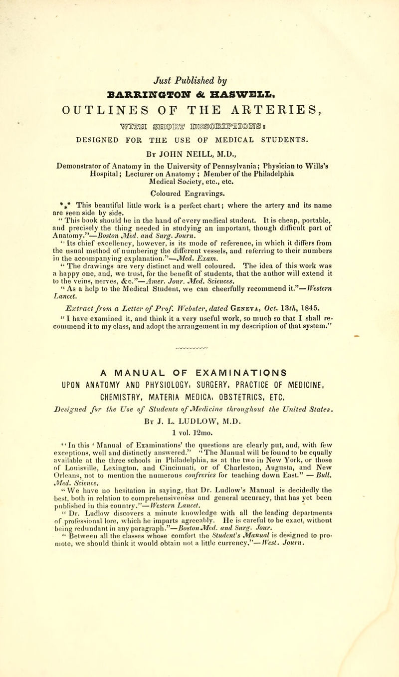 Just Published by OUTLINES OF THE ARTERIES, DESIGNED FOR THE USE OF MEDICAL STUDENTS. By JOHN NEILL, M.D., Demonstrator of Anatomy in the University of Pennsylvania; Physician to Wills's Hospital; Lecturer on Anatomy ; Member of the Philadelphia Medical Society, etc., etc. Coloured Engravings. *^* This beautiful little work is a perfect chart; where the artery and its name are seen side by side.  This book should l)e in the hand of every medical student. It is cheap, portable, and precisely the thing needed in studying an important, though ditficult part of Anatomy.—Boston Jiied. and Surg. Journ. ''■ Its chief excellency, however, is its mode of reference, in which it differs from the usual method of numbering the different vessels, and referring to their numbers in the accompanying explanation.—Med. Exam.  The drawings are very distinct and well coloured. The idea of this work was a happy one, and, we trust, for the benefit of students, that the author will extend it to the veins, nerves, &c.—Amer. Jour. Jiled. Sciences.  As a help to the Medical Student, we can cheerfully recommend it.—lVester7i Lancet. Extract from a Letter of Prof. Webster, dated Geseya, Oct. 13ih, 1845.  I have examined it, and think it a very useful work, so much so that I shall re- commend it to my class, and adopt the arraugeuaent in my description of that system. A MANUAL OF EXAMINATIONS UPON ANATOMY AND PHYSIOLOGY, SURGERY. PRACTICE OF MEDICINE. CHEMISTRY. MATERIA MEDICA, OBSTETRICS. ETC. Designed for the Use of Students of Ale die in e throughout the United States. By J. L. LUDLOW, M.D. 1 vol. ]2mo.  In this ' Manual of Examinations' the questions are clearly put, and, with few exceptions, well and distinctly answered. The Manual will be found to be equally available at the three schools in Pliiladelphia, as at the two in New York, or those of Louisville, Lexington, and Cincinnati, or of Charleston, Augusta, and New Orleans, not to mention the numerous confreries for teaching down East. —Bull, Afp.d. Science.  We have no hesitation in saying, that Dr. Ludlow's Manual is decidedly the best, both in relation to compreiiensiveness and general accuracy, that has yet been published in this country.—Western Lancet.  Dr. Ludlow discovers a minute knowledge with all the leading departments of professional lore, which he imparts agreeably. He is careful to be exact, without being redundant in any paragraph.—BoslonJMcd. and Snrg. Jour.  Between all the classes whose comfort the Student's JManual is designed to pro- mote, we should think it would obtain not a little currency.—IVcst. Journ.