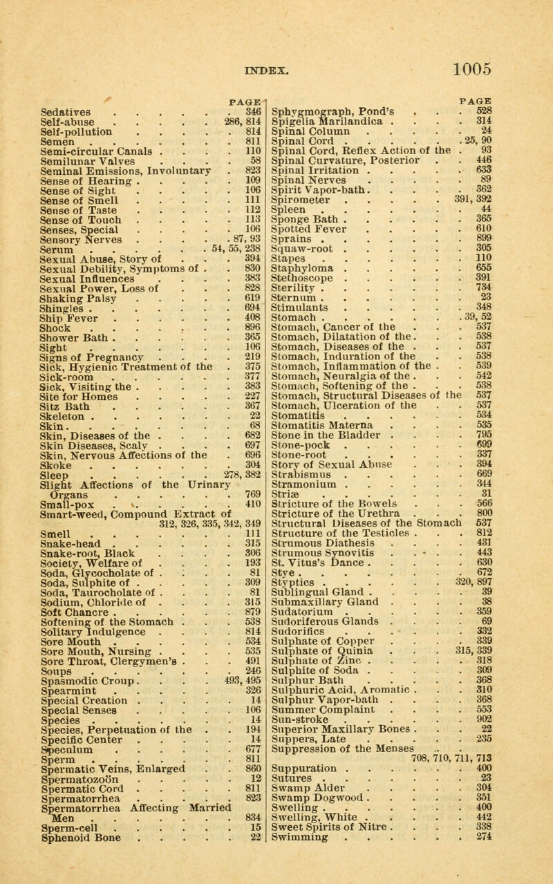 ^ PAGE Sedatives 346 Self-abuse 286,814 Self-pollution 814 Semen 811 Semi-circular Canals .... 110 Semilunar Valves .... 58 Seminal Emissions, Invohintary • 823 Sense of Hearing 109 Sense of Sight 106 Sense of Smell Ill Sense of Taste 112 Sense of Touch 113 Senses, Special 106 Sensory Nerves 87, 93 Serum 54, 55, 238 Sexual Abuse, Story of . . . 394 Sexual Debility, Symptoms of . .830 Sexual Influences .... 383 Sexual Power, Loss of . . . 828 Shaking Palsy 619 Shingles 694 Ship Fever 408 Shock ....... 896 Shower Bath 365 Sight 106 Signs of Pregnancy .... 219 Sick, Hygienic Treatment of the . 375 Sick-room 377 Sick, Visiting the 383 Site for Homes 227 Sitz Bath 367 Skeleton 22 Skin 68 Skin, Diseases of the .... 682 Skin Diseases, Scaly . . . .697 Skin, Nervous Affections of the . 696 Skoke 304 Sleep 278,382 Slight Affections of the Urinary Organs 769 Small-pox . - 410 Smart-weed, Compound Extract of 312, 326, 335, 342, 349 Smell Ill Snake-head 315 Snake-root, Black .... 306 Society, Welfare of . . . .193 Soda, Glycocholate of . : . . 81 Soda, Sulphite of 309 Soda, Taurocholate of . . . . 81 Sodium, Chloride of . . . .315 Soft Chancre 879 Softening of the Stomach . . . 538 Solitary Indulgence . . . .814 Sore Mouth 534 Sore Mouth, Nursing .... 535 Sore Throat, Clergymen's . . .491 Soups 246 Spasmodic Croup.... 493, 495 Spearmint 326 Special Creation 14 Special Senses 106 Species 14 Species, Perpetuation of the . . 194 Specific Center 14 Speculum 677 Sperm 811 Spermatic Veins, Enlarged . . 860 SpermatozoSn 12 Spermatic Cord 811 Spermatorrhea 823 Spermatorrhea Affecting Married Men 834 Sperm-cell 15 Sphenoid Bone 22 PAGE 314 24 25,90 93 446 633 362 391, 392 44 365 610 305 110 655 391 734 23 348 39,52 537 538 537 538 539 542 538 537 537 534 535 795 Sphygmqgraph, Pond's Spigelia Marilandica . Spinal Column Spinal Cord . Spinal Cord, Reflex Action of the Spinal Curvature, Posterior Spinal Irritation . Spinal Nerves Spirit Vapor-bath. Spirometer Spleen Sponge Bath , Spotted Fever Sprains . Squaw-root . Stapes Staphyloma . Stethoscope . Sterility . Sternum . Stimulants Stomach . Stomach, Cancer of the Stomach, Dilatation of the Stomach, Diseases of the Stomach, Induration of the Stomach, Inflammation of the Stomach, Neuralgia of the . Stomach, Softening of the . Stomach, Structural Diseases of the Stomach, Ulceration of the Stomatitis Stomatitis Materna Stone in the Bladder Stone-pock Stone-root Story of Sexual Abuse Strabismus Stramonium . Striae Stricture of the Bowels Stricture of the Urethra Structural Diseases of the Structure of the Testicles Strumous Diathesis Strumous Synovitis St. Vitus's Dance . Stye Styptics .... Sublingual Gland . Submaxillary Gland . Sudatorium . Sudoriferous Glands . Sudoriflcs Sulphate of Copper Sulphate of Quinia Sulphate of Zinc . Sulphite of Soda . Sulphur Bath Sulphuric Acid, Aromatic Sulphur Vapor-bath . Summer Complaint Sun-stroke Superior Maxillary Bones Suppers, Late Suppression of the Menses 708, 710, 711, 713 Suppuration . . Sutures . Swamp Alder Swamp Dogwood . Swelling . Swelling, White . Sweet Spirits of Nitre Swimming Stom ach 337 394 669 344 31 566 800 637 812 431 443 630 672 320, 897 39 38 359 332 339 315, 339 .318 310 368 653 902 22 235 400 23 304 361 400 442 338 274