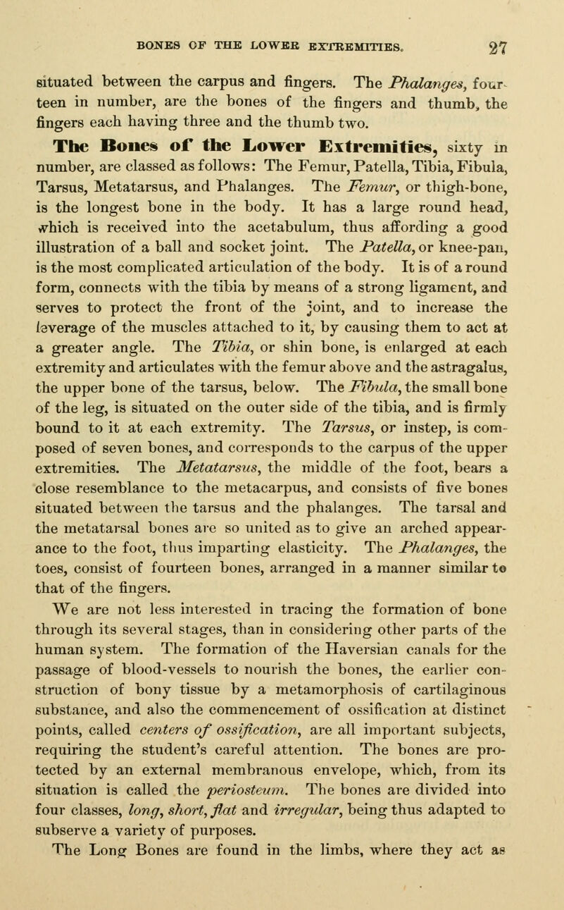 situated between the carpus and fingers. The Phalanges, four teen in number, are the bones of the fingers and thumb, the fingers each having three and the thumb two. The Bones of the Loirer Extremities, sixty in number, are classed as follows: The Femur, Patella, Tibia, Fibula, Tarsus, Metatarsus, and Phalanges. The Femur, or thigh-bone, is the longest bone in the body. It has a large round head, >v^hich is received into the acetabulum, thus affording a good illustration of a ball and socket joint. The Patella, or knee-pan, is the most complicated articulation of the body. It is of a round form, connects with the tibia by means of a strong ligament, and serves to protect the front of the joint, and to increase the leverage of the muscles attached to it, by causing them to act at a greater angle. The Tibia, or shin bone, is enlarged at each extremity and articulates with the femur above and the astragalus, the upper bone of the tarsus, below. The Fihula, the small bone of the leg, is situated on the outer side of the tibia, and is firmly bound to it at each extremity. The Tarsus, or instep, is com- posed of seven bones, and coiTesponds to the carpus of the upper extremities. The Metatarsus, the middle of the foot, bears a close resemblance to the metacarpus, and consists of five bones situated between the tarsus and the phalanges. The tarsal and the metatarsal bones are so united as to give an arched appear- ance to the foot, thus imparting elasticity. The Phalanges, the toes, consist of fourteen bones, arranged in a manner similar to that of the fingers. We are not less interested in tracing the formation of bone through its several stages, than in considering other parts of the human system. The formation of the Haversian canals for the passage of blood-vessels to nourish the bones, the earlier con- struction of bony tissue by a metamorphosis of cartilaginous substance, and also the commencement of ossification at distinct points, called centers of ossification, are all important subjects, requiring the student's careful attention. The bones are pro- tected by an external membranous envelope, which, from its situation is called the periosteum. The bones are divided into four classes, long, short, flat and irregular, being thus adapted to subserve a variety of purposes. The Long Bones are found in the limbs, where they act as