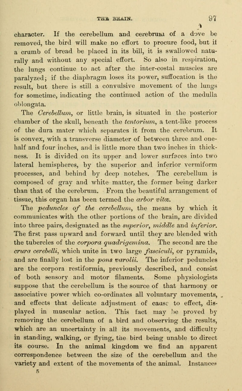 character. If the cerebellum and cerebruia of a dove be removed, the bird will make no effort to procure food, but it a crumb of bread be placed in its bill, it is swallowed natu- rally and without any special effort. So also in respiration, the lungs continue to act after the inter-costal muscles are paralyzed; if the diaphragm loses its power, suffocation is the result, but there is still a convulsive movement of the lungs for sometime, indicating the continued action of the medulla oblongata. The Cerebellum, or little brain, is situated in the posterior chamber of the skull, beneath the tentorium, a tent-like process of the dura mater which separates it from the cerebrum. It is convex, with a transverse diameter of between three and one- half and four inches, and is little more than two inches in thick- ness. It is divided on its upper and lower surfaces into two lateral hemispheres, by the superior and inferior vermiform processes, and behind by deep notches. The cerebellum is composed of gray and white matter, the former being darker than that of the cerebrum. From the beautiful arrangement of tissue, this organ has been termed the arbor vitce. The peduncles of the cerebellum, the means by which it communicates with the other portions of the brain, are divided into three pairs, designated as the superior, middle and inferior. The first pass upward and forward until they are blended with the tubercles of the corpora quadrigemina. The second are the crura cerebelli, which unite in two large fasciculi, or pyramids, and are finally lost in the pons varolii. The inferior peduncles are the corpora restiformia, previously described, and consist of both sensory and motor filaments. Some physiologists suppose that the cerebellum is the source of that harmony or associative power which co-ordinates all voluntary movements, and effects that delicate adjustment of cause to effect, dis- played in muscular action. This fact may be proved by removing the cerebellum of a bird and observing the results, which are an uncertainty in all its movements, and difliculty in standing, walking, or flying, the bird being unable to direct its course. In the animal kingdom we find an apparent correspondence between the size of the cerebellum and the variety and extent of the movements of the animal. Instance? 5