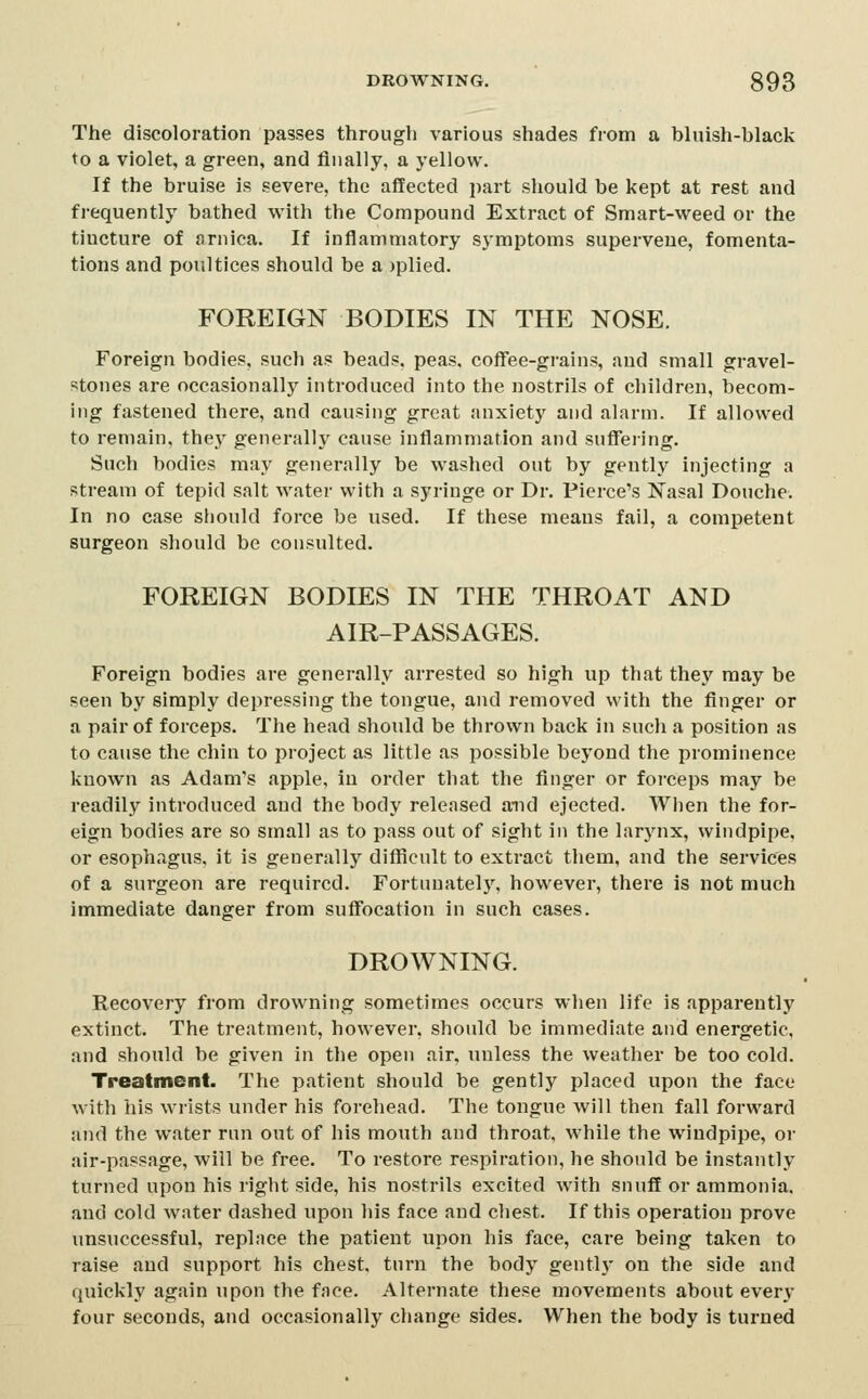 The discoloration passes through various shades from a bluish-black to a violet, a green, and finally, a yellow. If the bruise is severe, the affected part should be kept at rest and frequently bathed with the Compound Extract of Smart-weed or the tincture of arnica. If inflammatory symptoms supervene, fomenta- tions and poultices should be a )plied. FOREIGN BODIES IN THE NOSE. Foreign bodies, such a? beads, peas, coff'ee-grains, and small gravel- stones are occasionally introduced into the nostrils of children, becom- ing fastened there, and causing great anxiety and alarm. If allowed to remain, they generally cause inflammation and sufl'ering. Such bodies may generally be washed out by gently injecting a stream of tepid salt water with a syringe or Dr. Pierce's Nasal Douche. In no case should force be used. If these means fail, a competent surgeon should be consulted. FOREIGN BODIES IN THE THROAT AND AIR-PASSAGES. Foreign bodies are generally arrested so high up that they may be seen by simply depressing the tongue, and removed with the finger or a pair of forceps. The head should be thrown back in such a position as to cause the chin to project as little as possible beyond the prominence known as Adam's apple, in order that the finger or foi'ceps may be readily introduced and the body released and ejected. When the for- eign bodies are so small as to pass out of sight in the larj'nx, windpipe, or esophagus, it is generally difficult to extract them, and the services of a surgeon are required. Fortunatel}% however, there is not much immediate danger from suffocation in such cases. DROWNING. Recovery from drow^ning sometimes occurs when life is apparently extinct. The treatment, however, should be immediate and energetic, and should be given in the open air, unless the weather be too cold. Treatment. The patient should be gently placed upon the face with his wrists under his forehead. The tongue will then fall forward and the water run out of his mouth and throat, while the windpipe, or air-passage, will be free. To restore respiration, he should be instantly turned upon his right side, his nostrils excited with snuff or ammonia, and cold water dashed upon his face and chest. If this operation prove unsuccessful, replace the patient upon his face, care being taken to raise and support his chest, turn the body gentl}- on the side and quickly again upon the face. Alternate these movements about every four seconds, and occasionally change sides. When the body is turned