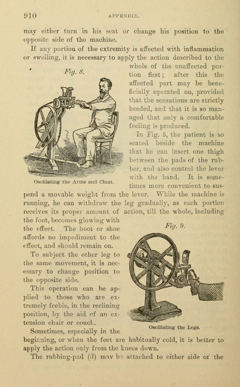 may either turn in his seat or change his position to the opposite side of the machine. If any portion of the extremity is affected with inflammation or swelling, it is necessary to apply the action described to the ^ whole of the unaffected por- ^'^- ^- tion first; after this the affected part may be bene- ficially operated on, provided that the sensations are strictly heeded, and that it is so man- aged that only a comfortable feeling is produced. In Fig. 5, the patient is so seated beside the machine that he can insert one thigh between the pads of the rub- ber, and also control the lever with the hand. It is some- times more convenient to sus- pend a movable weight from the lever. While the machine is running, he can withdraw the leg gradually, as each portion receives its proper amount of action, till the whole, including Oscillating the Anns and Chest. Fig. 9. the foot, becomes glowing with the effect. The boot or shoe affords no impediment to the effect, and should remain on. To subject the other leg to the same movement, it is nec- essary to change position to the opposite side. This operation can be ap- plied to those who are ex- tremely feeble, in the reclining position, by the aid of an ex- tension chair or coucL. Sometimes, especially in the beginning, or when the feet are habitually cold, it is better to apply the action only from the knees down. The rubbing-pad (d) miv b-> attached to either side of the Oscillating the Legs.