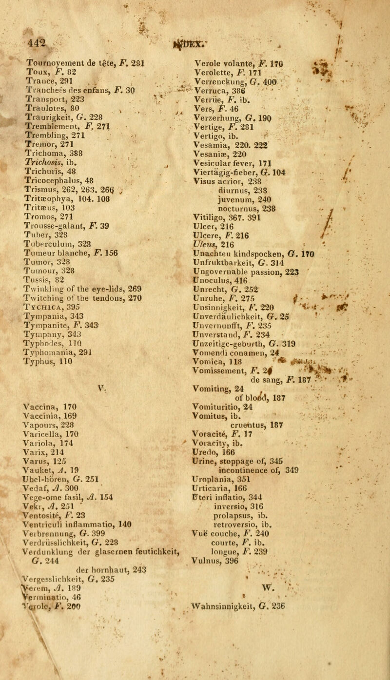 ■V: 442 Tournoyeinent de tete, F. 281 Toux, F. 82 Trance, 291 _ Tianclie;'s rles enfans, F. 30 Transport, 223 Traulotes, 80 ^ Traurigkeit, G. 228 Tremblement, F. 271 Trembling, 271 Tremor, 271 Trichoma, 388 Trichosis. ib. Trichuris, 48 Tricocepiialus, 48 Trismus, 262, 263. 2GQ , Tritaeophya, 104. 103 TritffiLis, 103 Tfomos, 271 Trousse-galant, F. 39 Tuber, 323 Tuberculum, 328 Tiimeur blanche, F. 156 Tumor, 328 Tumour, 328 Tussis, 82 Twinkling of the eye-lids, 269 Twitching of the tendons, 270 TycHiCA, 395 Tympania, 343 Tympanite, F. 345 Tympany, 343 Typho'les, 110 Typhomania, 291 Typhus, 110 V. Vaccina, 170 Vaccinia, 169 Vapours, 228 Varicella, 170 Variola, 174 Varix, 214 Varus, 125 Vauket, A. 19 Ubel-horen, G. 251 Vedaf, Ji. 300 Vege-ome fasil, A. 154 Veki, ^.251 ' VentositP, F. 23 Ventriculi inflanmiatio, 140 Veibrennung, G. 399 Verdriisslichkeit, G. 228 Verdunkluug der glasernen feutichkei G. 244 der hornhautj 243 Vergesslichkoit, G. 235 Yerum, A. 189 Venninatio, 16 l^tJEX. /' ^1^' k Verole volante, F. 170 Verolette, F. 171 Verrenckung, G. 4.00 ' Verruca, 386 Verriie, F, ib. Vers, F. 46 Vevzerhung, G. 190 Vertige, F. 281 Vertigo, ib. Vesamia, 220. 222 Vesaniae, 220 Vesicular fever, 171 Viertagig-fieber, G. 104 Visas acrior, 238 diurnus, 238 juvenum, 240 nocturnus, 238 Vitiligo, 367. 391 Ulcer, 216 Ulcere, F. 216 Ulcus, 216 Unachteu kindspocken, G. 170 Unfrukibarkeit, G. 314 Ungovernable passion, 223 Unoculus, 416 Unrecht, G. 252 ■ : ' Unruhe, F. 275 jf • • *■' Unsinnigkeit, F. 220 ^—i ■ Unverdaulicbkeit, G. 25 Uiiveinunfft, F. 235 Unverstand, F. 234 Unzeitigc-geburth, G. 319 Vornendi conamen, 24 <: Vomica, 118 /♦ ^JiU \ Voraissement, F. 2% •^'9J^^ de sang, F. 18? ?■ • Vomiting, 24 of blood, 187 Vomituritio, 24 Vomitus, ib. crue«tus, 187 Voracite, F. 17 Voracity, ib. Uredo, 166 Urine, stoppage of, 345 incontinence of, 349 Uroplania, 351 Urticaria, 166 Uteri inflatio, 344 invereio, 316 prolapsus, ib. retroversio, ib. Vue couche, F. 240 courte, F. ib. longue, F. 239 Vulnus, 396 . W. Wahnsinnigkeit, G. 236 ./• '.'./ «*