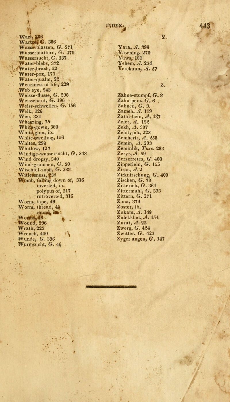 Wart, fiSS WarfciSfC 386 Wasserblassen, G. 371 Wasserblattern, G. 370 Wassersucht, G. 337 ,^. Water-blebs, 372 .■•?,«\Vater-;brash, 22 Y Water-pox, 171 Water-qualm, 22 Weariness of life, 229 ,Web eye, 243 Weisse-flusse, G. 298 Weissehaut, G. 196 Weiss-schwellen, G. 156 Welk, 126 Wen, 331 Whepzing, 75 White-gown, 360 Whit&gum, ib. White-^pwelling, 156 Whites, 298 Whitlow, 127 Windige-wassersucht, G. 343 Wind dropsy, 340 Wind-grimmen, G. 30 Wischtel-zopff, G. 388 WitleSsness, «35 tl^mb, faUi'nl down of, 316 inverted, ib. polypus of, 317 rotrovertedj 316 Worm, tape, 49 Worm, thread, 4^ imnif lib V IND&X> Mf woMjiM^ Wound, 396 Wrath, 223 Wrench, 400 Wunde, G. 396 Wurmsucht, G. 4Q '\ Yara, A. 396 Yawning, 270 Yaws, 181 Yehem,.4. 234 Yerekaun, ^. 57 Zahne-stumpf, G. 8 Zahn-pein, G. 6 . Zahnen, G. 3. Zameh, ^. 119 Zatal-bein, A. 1^ Zefer, jl. 122 Zekh, A. 387 Zelotypia, 223 Zemherir, A. 258 Zemin, A. 293 Zeminlik, Turc. 293 Zeryr, A. 59 Zerzerretes, G. 400 Zipperlein, G. 155 Ziras, A. 2 Zirknirschung, G. 400 Zischen, G. 78 Zitterich, G. 361 Zittermahl, G. 373 Zittern, G. 271 Zona, 374 Zoster, ib. Zukam, A. 148 Zulekkhet,.^.154 Zurat, A. 23 Zwerg, G. 424 Zwitter, G. 423 Zyger angen, G. 147