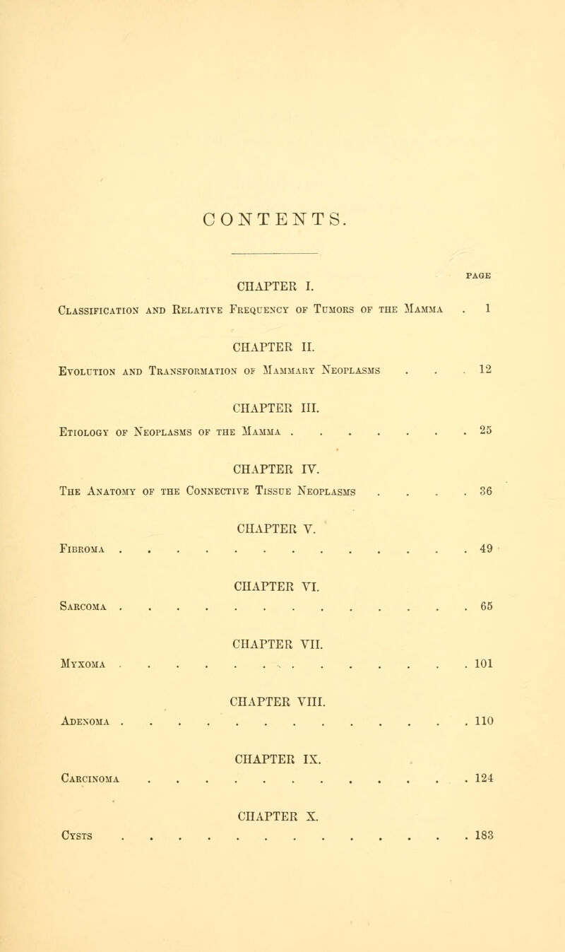 CONTENTS PAGE CHAPTER I. Classification and Relative Frequency of Tumors of the Mamma . 1 CHAPTER II. Evolution and Transformation of Mammary Neoplasms . . .12 CHAPTER III. Etiology of Neoplasms of the Mamma 25 CHAPTER IV. The Anatomy of the Connective Tissue Neoplasms . . . .36 CHAPTER V. Fibroma 49 CHAPTER VI. Sarcoma 65 CHAPTER VII. Myxoma 101 CHAPTER VIII. Adenoma 110 CHAPTER IX. Carcinoma 124 CHAPTER X. Cysts 183