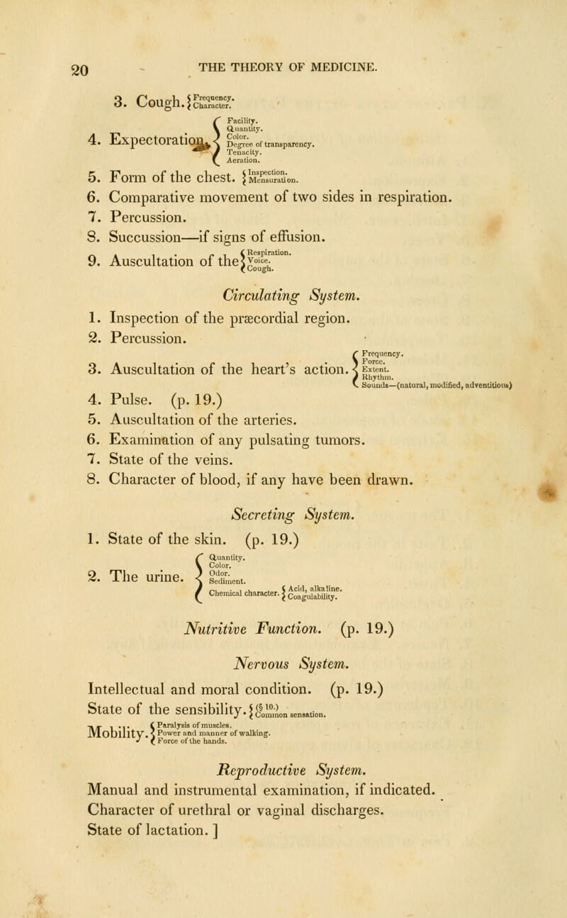 3. Cough.l^Kr/Z' /' Facility. V Q,uantity. 4. X!jXpeCtOratlQa^< Oe^'^^e of transparency. ^^■J Tenacity. r Aeration. 5. Form of the chest. ^MeSXon. 6. Comparative movement of two sides in respiration. 7. Percussion. 8. Succussion—if signs of effusion. 1 • c -i < Respiration. y. Auscultation oi tnejX'. (Cough. Circulating System. 1. Inspection of the prsecordial region. 2. Percussion. ^ Frequency. 3. Auscultation of the heart's action. < gxi^t. J Rhythm. V. Sounds—(natural, modified, adTentitious) 4. Pulse, (p. 19.) 5. Auscultation of the arteries. 6. Examination of any pulsating tumors. 7. State of the veins. 8. Character of blood, if any have been drawn. Secreting System. 1. State of the skin. (p. 19.) 2. The urine. (Quantity. Color. ( Chemical character. ^^S^^i;-- Nutritive Function, (p. 19.) Nervous Syste7n. Intellectual and moral condition, (p. 19.) State of the sensibility, ^g,!,^^^ H/r 1 *l' t Paralysis of muscles, iVloblllty.sPow^^^^n'i manner of walking. _ Common sensation. of wall Force of the hands. Reproductive System. Manual and instrumental examination, if indicated. Character of urethral or vaginal discharges. State of lactation. ]