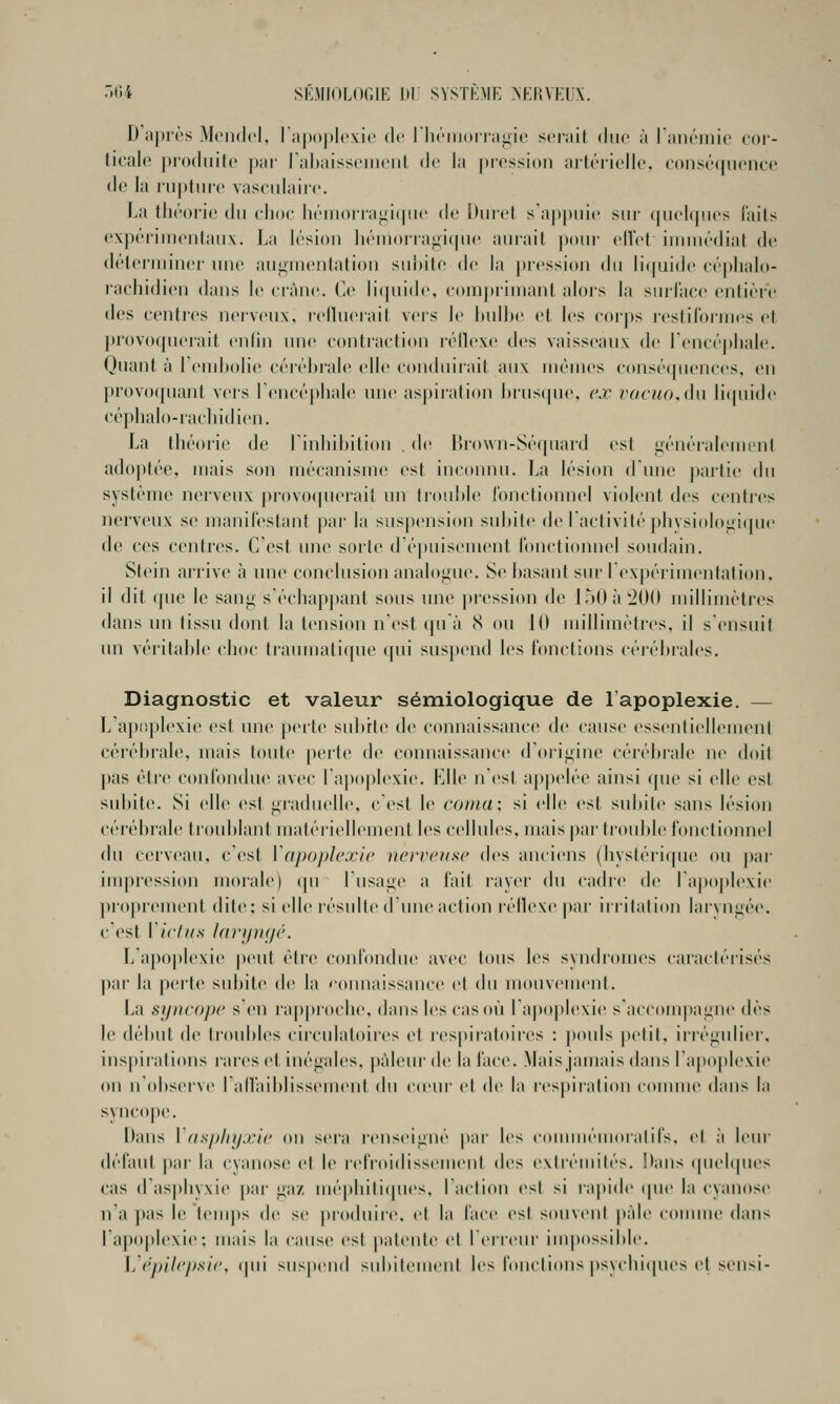 D'après Mejidcl, l'apoplexie do rh(''iii(>ria<iio serait tliie à lanéiiiie cor- ticale produite j)ar l'ahaissemeiit de la |)ression artéiielle, eonséfpience de la riipttii-e vaseidaire. La théorie du elioc hémorra<iifpie de Duret s'appuie sur queicpics laits expériiuentaux. La lésion héniorrai;i(|ue aurait poui- efl'et iunnédiat de iléterininer ime augnicMitation subite de la pression du li([Qide eé[)halo- rachidien dans le crâne. Ce liquide, compiiniant alois la surface entière des centres nerveux, relluerait vers le ljulb(^ et les corps restil'ormes et provoquerait enfin une contraction rétlexe des vaisseaux de l'encéphale. Quant à l'cMuholie céréhrale elle conduiiait aux luèuies conséquences, en provoquant vers l'encéphale une aspiration hruscpie, l'x vacuoAw liquide céphalo-rachidien. La théorie de l'inhihitiou . de Ihown-Séquai'd est généraleiucnl adoptée, mais son mécanisme est inconnu. La lésion d'une j)artie (\\\ système nerveux |)rovoquerait un trouhie Ibnctionnel violent des centics nerveux se manifestant |)ar la suspension subite de l'activité phvsi(tlog!([uc de ces centres. C'est un(> sorte d'épuisement fonctionnel soudain. Stein arrive à une conclusion analogue. Se hasant sur I expérimentation. il dit (pie le sang s'échappant sous une pression de LMIii'iOO millimètres dans un tissu dont la tension n'est qu'à (S ou 10 millimètres, il sCnsuit un véritable choc traumatique qui suspend les fonctions cérébrales. Diagnostic et valeur sémiologique de lapoplexie. — L'apoplexie est une perte subite de connaissance de cause essentiellement cérél)rale, mais toute perte de connaissance d'origine cérébrale ne doit pas être confondue avec l'apoplexie. Elle n'est appelée ainsi que si elle est subite. Si elle est graduelle, c'est le coma: si elh; est subite sans lésion céréhrale troublant matériellement les cellules, mais par trouble fonctionnel du cerveau, c'est Vapoplexle nerveuse des anciens (hystérique ou ])ar impression morale) (ju l'usage a fait rayer du cadre de rapo|)lexie propi'cment dite; si elle résulte d'une action réflexe par iiritation laryngée, c'est Viclus larijju/é. L'apoplexie |)eut éti'e confondue avec tous les syndromes caractérisés ])ar la pcsrte subite de la 'onnaissance et du mouvement. La syncope s'en rappioche, dans les cas où rapo|)lexie s'accomjiague dès le début de ti'oubles circulatoires et res|)iratoires : pouls petit, irrégulier, ins|tiralions rares et inégales, ])àleur de la face. .Mais jamais dans l'apoplexie on n (dtsei've I alTaiblissement du (d'ur cl de la respiration connue dans la syncope. Dans Vdspinjxie ou sera |-enseigné par les couunémoratifs, et à leui' défant par la cyanose et le refroidissement des extrémités. Dans (piebpies cas d'asphyxie par gaz méphiliipies. l'action est si rapide (pie la cyanose n'a pas le leuq»s de se |)ro(liiii(', et la face est souvent jiàle connue dans rapo|)lexie; mais la cause est patente et rerreur im|)ossible. L'c'/>//c/>.s/c, (pii suspend subitement les fonctions ])sychi(pies et sensi-