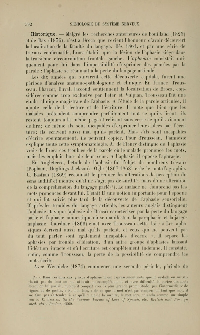 Historique. — Mali>T(' les n'clierclics aiitrriciiics de rxiiiillaïul | I825) et de Dax (1836), c'est à Broca (jiie revionl riiuniicui' (lavoir découvert la localisation de la faculté du lan<iafie. Dès 1801, et pai' une série de travaux conlirmatil's, Broca étaldit que la lésion de laphasie siè^c dans la troisième circonvolution l'ronlale tianclie. \,'(ipliciiiie consislait uni- quement pour lui dans linipossibililé de\j)rimer des pensées pai' la parole : l'aphasie se résumait à la perte du langage articulé. Les dix années qui suivirent cette découverte capitale, furent une période d'analyse anatomo-patliologi(|ue et clinique. En France, Trous- seau, Charcot, Duval, Jaccoud soutiennent la localisation de Bio( a. con- sidérée comme trop exclusive par Peter et Ynipian. Ti'onssean lait une étude clini({ue magistrale de Taphasie. A l'étude de la })arole articulée, il ajoute celle de la lecture et de l'écriture. 11 n(»te (pie bien que les malades prétendent comprendre parfaitement tout ce ((uils lisent, ils lestent toujours à la même page et relisent sans cesse ce qu'ils viennent délire; de même ils sont incapables d'exprimer leurs idées par l'écri- ture: ils écrivent aussi mal quils parlent. Mais s'ils sont incapables d'écrire spontanément, ils ])euvent copier. Pour Trousseau, l'amnésie exjtlique toute cette symptomatologie. A. de Fleury distingue de lajjbasie vraie de Broca ces troubles de la parole où le malade prononce les mots, mais les emploie hors de leur sens. A l'aphasie il oppose l'aphrasie. En Angleterre, l'étude de ra})hasie fut l'objet de nombreux travaux (Popham, lluglings Jackson). Ogle (1807-1808) crée le mot d'agraphie. C. Bastian (1869) reconnaît le premier les altérations de peiception du sens auditif et montre qu'il ne s'agit pas de surdité, mais dune altération de la compréhension du langage parlé('). Le malade ne couqtrend ])as les mots prononcés devant lui. C'était là une notion importante pour r(''po(pie et qui fut suivie plus tard de la découverte de l'aphasie sensorielle. D'après les troubles du langage articulé, les auteurs anglais distinguent l'aphasie ataxiqiu^ (aphasie de Broca) caractérisée par la perte du langage parlé et l'aphasie amnestiquc où se manifestent la paraphasie et la jargo- naphasie. (iairdner (1800) émet avec Trousseau cette loi : « Les a[)ha siques éci'ivent aussi mal qu'ils parlent, cl ceux qui ne peuveni |tas du tout parler sont également incapal)les d écrire ». Il sé|)are les aphasies par trouble d'idéation, d'un autre groupe da|)hasies laissant l'idéation intacte et où l'écriture est conqilètement indeume. H constate, enfin, comme Trousseau, la perte de la possibilité de conqucndre les mots écrits. Avec Wernick(^ (I87i) commence une seconde péiiode, période de (*) « Dans cerlains i-is firiivcs d'iiiilinsii' il i'>l i'\|iir>M'iiicnl ikiIc i|iic le iiwiladc (ni ne s.-ii- sissail pas <lii loiil on ne ^.aisi^s,•lil (|irinriiiii|ilrl(' ni cl iwrf iliriiculli' la |iiiilc(' (1rs innls IfU'sqn'nri lui |i;nl.iil. (|n(iii|n'il ((iiniirîl axer la |ilns yianilc proinplilntli'. (lar rinicirncilianc ilc siniii's cl lie ycsics. >> F,l plus liiin. « ilc ce i{nc h' nml n'csl pas ctinipris en lanl cpie mol. il iH' l'anl pas s'allcndre à ce ipiil v ail i\r la >ni(lilc, le mol >era cnli'iiiln lonnne un ^implc ■-on . ('.. l!\sii\N. (lu Ihc Vurioiis Foniis o/'y.o.y.v <>/' Sjtcci/i. clc. Iln'/is/i tiiid i'unitju iiird. rliir. Itrriiir. IS()9.