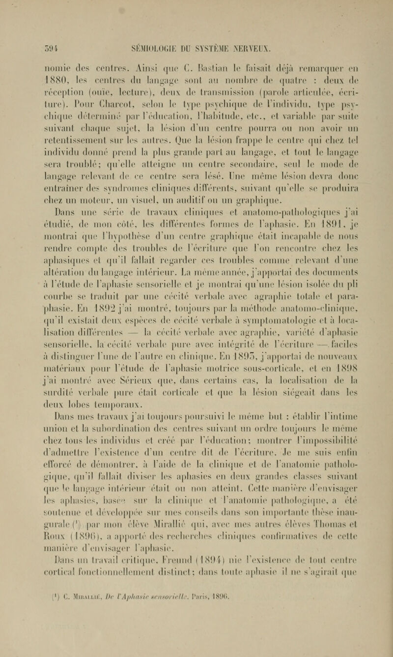 noiiiic clos conlrcs. Ainsi (jiic (!. I>;is(i;in le l'iiisail (It'jà icninrcinci' en J880, les centres du langage sont au nouihic de (|ualre : deux de réception (ouïe, lecture), deux de transmission (])ar()l(; articulée, écri- ture). Poiu' Charcot, selon le type psychique de l'individu, type psy- clii(iue détenuiné par l'éducation, Tliahitude, etc., et variable par suite suivant cluujue sujet, la lésion d'un centre poun-a ou non avoir un retentissement sui' les autres, (jue la lésion frappe le centi'e (pii chez tel individu donni' prend la jdus grande |)art au langa«;(', et tout le langage seia trouille; quelle atteigne un centre secondaijc, seul le mode de langage relevant de ce centre sera lésé. Une même lésion devra donc entraîner des svndiomes clinifpies dilIV-rents, suivant qu'elle se produii'a chez un moteur, un visuel, un auditif ou un graphifpie. Dans une série de travaux clini(]iies et anatouio-pathologiques j'ai étudié, d(; mon côté, les dilVén'ntes formes de l'aphasie. En 1801, je juontrai que Ihypothèse d'un c(>ntre gra])hi(pie était inca])ahle de nous rendre com|)te des troubles de l'écriture (pie Ton rencontre chez les aphasiques v{ (pi'il fallait regarder ces troubles comme relevant d'une altération du langage intérieur. La niémeanuée, j aj)p(irtai des docunuMits à l'étude de l'aphasie sensorielle et je montrai qu'une lésion isolée du pli courbe se traduit par une cécité verbale avec agraphie totale et para- phasie. En 1892 j'ai montre, toujours parla méthode auatomo-ilini(pie. qu'il existait deux espèces de cécité verbale à symptomatologie et à loca- lisation diflerentes — la céciti' verbale avec agraphie, vai'iété d'aphasie sensorielle, la cecitc' verbale pui'e avec intégrité de l'écriture—.faciles à distingiu>r liine de l'autre en clinique. En 1800, j'apportai de nouveaux matériaux |)our l'étude de l'aphasie motrice sous-corticale, et eu 1808 j'ai monti'é avec Sérieux que, dans certains cas, la localisation de la surdité verbale pure était corticale et (jue la lésion sic'-geait dans les deux lobes teuq)oraux. Dans mes travaux j'ai toujours poursuivi le même but : établir lirdime union et la sulioi'dination des centres suivaid un ordre toujours le même chez tous les individus et créé par l'éducation; montrei' riuqiossibililé d'admettre l'existence d'un centre dit de l'écriture. Je me suis euliii efforcé de démonirer, à l'aide (1(> la clinique et de 1 anatomie palholo- gi(pie, (pi'il fallait diviser les aphasies en deux grandes classes suivant (pie le langage inliTieur ('lait ou non atteint. Cette manSèi'e d'envisager les aphasies, basc^ sur la (diui(pie et l'anatomie palhologi(p!e, a été soutenue cl dévtd()pp(''e sur mes conseils dans son iuqiortanle thèse inau- giuale (') par mon élève Mirallié qui, avec mes autres élèves Thomas et Roux ( I80()), a ap[t()rté des recherches clini(pies conlirmalives de cette manièie d'envisager l'aphasie. Dans un travail crili(pie, l'reund (1801) nie l'existence de tout centi'c cortical hinctionnellemeid distinct; dans tout(> a|)basie il ne s'agirait (pie {') ('.. MiitAiLii;, Dr rA/)liasir>:nison'rlL\ I';iiis, 18'.)().