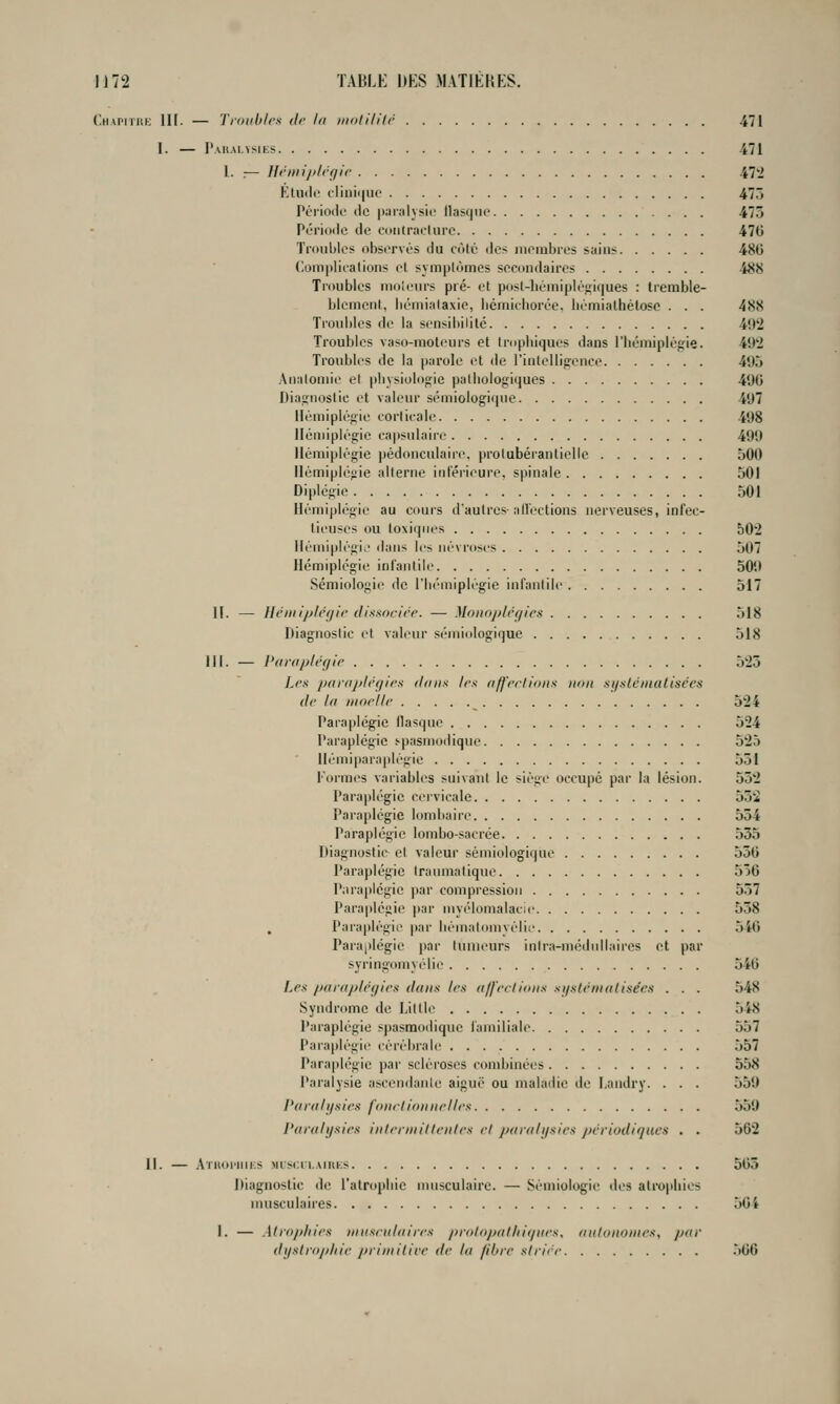 (^iiAPiTiu; IH. — Troiih/rs dr In inolililr 471 1. — Pah.m.^siks 471 l. :— Ifi''nnj>/rfjir 47'2 Ktiulf clinicjui' 475 Pcriodu de pai'îilysic llasquo 473 Période de coiitrai-lurc 476 Tniublcs observés du côté des lueinbres sains 480 (,om])liealioiis et symplômes secondaires 488 Troubles nmieurs pré- el pos(-liémiplé}iif|ues : tremble- blemcnt, liémialaxie, iiémieiiorée. bémialhélosc . . . 488 Tioid)les de la sensibililc 492 Troubles vaso-moteurs et tnipliiques dans l'iiémiplégie. 492 Troubles de la parole et de l'intelligence 495 Analoniie el pliysiolop;ie pathologiques 49G Diagnostic et valeur sémiologique 497 Hémiplégie corticale 498 Hémiplégie capsulaire 49!( Hémiplégie pédonculaire. protubérantielle 500 Hémiplégie alterne intérieure, spinale 501 Diplégie 501 Hémiplégie au cours d'autres-all'ections nerveuses, infec- tieuses ou toxiques 502 Hémiplégii' dans les névroses 507 Hémiplégie infantile 509 Sémiologie de l'iiémiplégie infantile 517 II. — lléiiii/>fcf/ii' (lixsocirr. — Monoplégies 518 Diagnostic et valeur sémiologique 518 m. — l'anipléçiir 525 Lr.s' parajilrr/irs dnns lr.<! aff'crhoiix non si/filciiuilisccs de la iiinrllr 524 Paraplégie flasque 524 Paraplégie s-pasniodique 525 Hémiparaplégie 551 Formes variables suivant le siège occupe par la lésion. 552 Paraplégie cervicale 552 Paraplégie lombaire 554 Paraplégie lombo-sacrée 535 Diagnostic et valeur sémiologique 550 Paraplégie tranmatique 5'56 Paraplégie par compression 557 Paraplégie ]iar myélonialacie 558 Paraplégie par liématonivélic 540 Paraplégie par tumeurs intra-niédnlhiires et par syringomyélie 540 Les imvnpléijirîi dans les ajf'eclinns si/s(éniatisées . . . 548 Syndrome de Little 548 Paraplégie spasmodiquc familiale 557 Paraplégie cérébrale 557 Paraplégie pai' scléroses combinées 558 Paralysie ascendante aiguë ou maladie de Landry. . . . 559 Parali/sles foiielioiiiirllex 559 l'aralifsles iiileniiilleiiles el parali/sies périodiques . . 562 11. — AritorniKS .muscii.aiuks 505 Diagnostic de l'atropliie nnisculaire. — Sémiologie des atrophies musculaires 50i I. — Alro/)/iies tnKsculaires prolopallii(/iies, aiiloiioiiies, par (li/slr(>j)/iie priinilice de la fibre striée 500