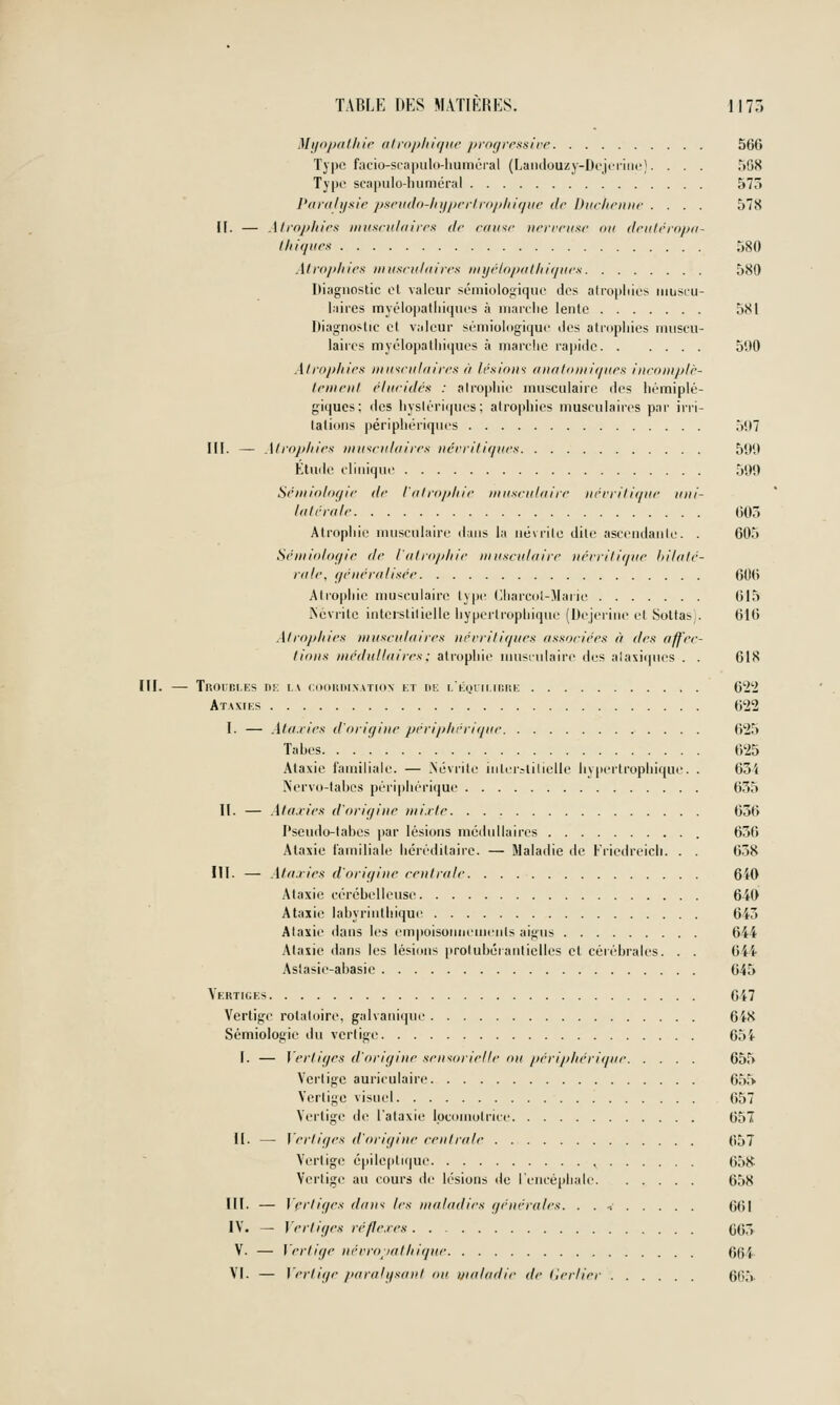 Mjl»paUilr alrop/ii/pir profjrrxslrr 566 Type facio-stapiilo-liuméral (Laiulouzy-Di'jciiiic). . . . 508 Tj|)c scainilo-luiméral 573 P(tr(i/ysir psriido-hijpcrlrnphiqiie dr Diic/iriuir .... 578 n. — Alrnpliirs iHiixrnltiIrr.'i dr caiar nrrrnisr on dritlrrnpn- lhi(pi<-x 580 Alvoplticx iitiisciihnrrs /iiyr/i)/iiil/ii(/iirx 580 Kiagiiostic cl valeur scmiolouiquc des alropliics niusL-u- l.iires myélopatliiqucs à marche lente 581 niagno.*tic cl valeur sémiologiquc lies atrophies muscu- laires myélopathiques à marche rapide 51)0 Ati'opliies ituf^ritlaivca il lésions (iiififoiiiir/nrfi itiroitiplr- Irninil élucides : airophie musculaire des hémiplé- giques: des hysléri(pies: atrophies musculaires par irri- tations périphériques 5lt7 III. — Miopliies miisciiluirrs iiéniti(/i(rs 599 Étude clinique 599 Sémiologie de l'iilropliie iiiiiscuhiire iirrril i(/i(e laii- lalénile 005 Atrophie musculaire dans la névrilc dite ascendanle. . 605 Séiniolof/ic de l'alropliie iiiusciiloire xéri-iliijue hilalé- inle, (jéiu'vulisée G0() Ali'ophie musculaire type (lliarcol-Marie t)15 ^cvrite interslilielle hyperlrophiqiie (Uejeriiie et Soltas. 616 Atrophies musculaires iiérrilif/ucs associées à des affec- tions médullaires; atrophie nnisi-ulaire des alasiques . . 618 III. — TROrniES ni; i.\ ciioiuiination i:t i>e i.'koi ii nuuo 622 Ataxiks 622 I. — Ala.iies d'origine pcrii>lirri<iue 625 Tahes 625 Ataxie i'aniiliale. — Névrite interslilielle hyperlrophique. . 634 Xervo-tahcs péri|)hérique 635 II. — Ata.ries d'orie/ine mi.vte 636 l'seudo-lahes i)ar lésions médullaires 636 Ataxie familiale héréditaire. — Maladie de Friedreich. . . 658 III. — Ata.riex d'orif/ine eenirale 6i0 Ataxie cérchelleuse 640 Ataxie lahyrinthique 643 Alaxie dans les empoisonnemenls aigus 644 Ataxie dans les lésions proluhéranliclles et cérébrales. . . 644 Aslasie-abasie 645 Vertiges 047 Vertige rotaloire, gal\ani(pie 648 Sémiologie du vertige 654 I. — Vertiges d'origine sewiorielle ou péripliérigiie 655 Vertige auriculaire 65.% Vertige visuel 057 Vertige de Tataxie Ipcomoirice 651 II. — Vertiges d'origine centrale 057 Vertige cpileplique 058- Vertige au cours de lésions de I encéphale 058 III. — Vertiges dans les malatlics générales. . . , (iOI IV. — Vertiges réflexes 063 V. — Vertige nérro'/atliii/ue 064 VI. — Vertige /laralgsaiit ou ijialadie de (ierlier 66,V