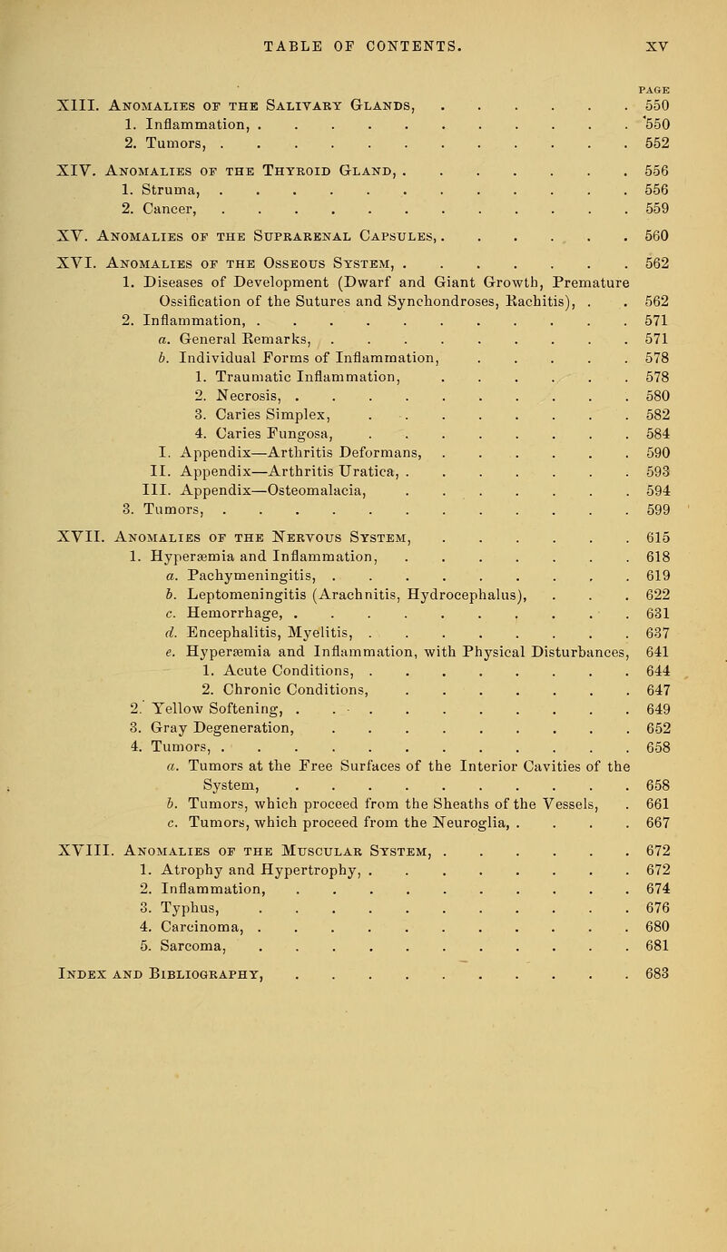 PAGE XIII. Anomalies or the Salivary Glands, 550 1. Inflammation, ........... '550 2. Tumors, 552 XIV. Anomalies of the Thyroid Gland, 556 1. Struma, ............ 556 2. Cancer, 559 XV. Anomalies of the Suprarenal Capsules 560 XVI. Anomalies of the Osseous System, 562 1. Diseases of Development (Dwarf and Giant Growth, Premature Ossification of the Sutures and Synchondroses, Kachitis), . . 562 2. Inflammation, ........... 571 a. General Remarks, ......... 571 b. Individual Forms of Inflammation, 578 1. Traumatic Inflammation, 578 2. Necrosis, 580 3. Caries Simplex, . . . . . . . 582 4. Caries Fungosa, ........ 584 I. Appendix—Arthritis Deformans, . . . . . . 590 II. Appendix—Arthritis Uratica, ....... 593 III. Appendix—Osteomalacia, 594 3. Tumors, 599 XVII. Anomalies of the Nervous System, 615 1. Hyperemia and Inflammation, ....... 618 a. Pachymeningitis, ......... 619 b. Leptomeningitis (Arachnitis, Hydrocephalus), . . . 622 c. Hemorrhage, . . . . . . . . . . 631 d. Encephalitis, Myelitis, 637 e. Hyperemia and Inflammation, with Physical Disturbances, 641 1. Acute Conditions, ........ 644 2. Chronic Conditions, 647 2.' Yellow Softening, . . • 649 3. Gray Degeneration, 652 4. Tumors, 658 a. Tumors at the Free Surfaces of the Interior Cavities of the System, 658 b. Tumors, which proceed from the Sheaths of the Vessels, . 661 c. Tumors, which proceed from the Neuroglia, .... 667 XVIII. Anomalies of the Muscular System, 672 1. Atrophy and Hypertrophy, ........ 672 2. Inflammation, .......... 674 3. Typhus, 676 4. Carcinoma, ........... 680 5. Sarcoma, ........... 681 Index and Bibliography, 683