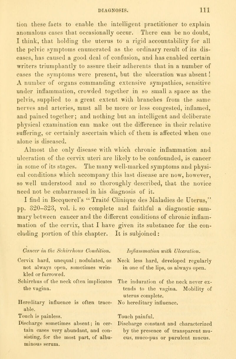 tion these facts to enable the intelligent practitioner to explain anomalous cases that occasionally occur. There can be no doubt, I think, that holding the uterus to a rigid accountability for all the pelvic symptoms enumerated as the ordinary result of its dis- eases, has caused a good deal of confusion, and has enabled certain writers triumphantly to assure their adherents that in a number of cases the symptoms were present, but the ulceration was absent! A number of organs commanding extensive sympathies, sensitive under inflammation, crowded together in so small a space as the pelvis, supplied to a great extent with branches from the same nerves and arteries, must all be more or less congested, inflamed, and pained together; and nothing but an intelligent and deliberate physical examination can make out the difference in their relative suffering, or certainly ascertain which of them is affected when one alone is diseased. Almost the only disease with which chronic inflammation and ulceration of the cervix uteri are likely to be confounded, is cancer in some of its stages. The many well-marked symptoms and physi- cal conditions which accompany this last disease are now, however, so well understood and so thoroughly described, that the novice need not be embarrassed in his diagnosis of it. I find in Becquerel's Traits Clinique des Maladies de Uterus, pp. 320-323, vol. i. so complete and faithful a diagnostic sum- mary between cancer and the different conditions of chronic inflam- mation of the cervix, that I have given its substance for the con- cluding portion of this chapter. It is subjoined : Cancer in the Schirrhous Condition. Inflammation with Ulceration. Cervix hard, unequal; nodulated, os Neck less hard, developed regularly not always open, sometimes wrin- in one of the lips, os always open. kled or furrowed. Schirrhus of the neck often implicates The induration of the neck never ex- the vagina. tends to the vagina. Mobility of uterus complete. Hereditary influence is often trace- No hereditary influence. able. Touch is painless. Touch painful. Discharge sometimes absent; in cer- Discharge constant and characterized tain cases very abundant, and con- by the presence of transparent mu- sisting, for the most part, of albu- cus, muco-pus or purulent mucus. minous serum.