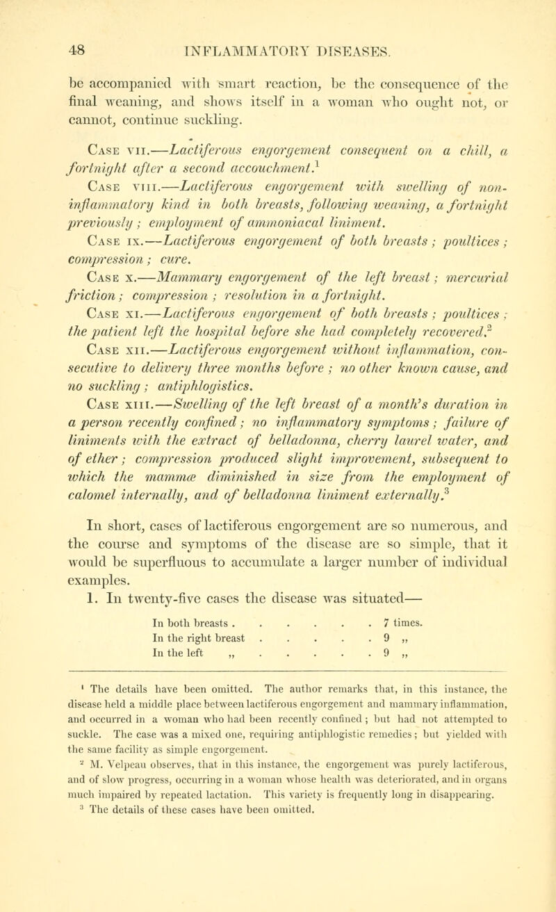 be accompanied with smart reaction^ be the consequence of the final weaning, and shows itself in a woman who ought not_, or cannotj continue suckling. Case vii.—Lactiferous engorgement consequent on a chill, a fortnight after a second accouchment} Case viii.—Lactiferous engorgement with sivelling of non- inflammatory kind in both breasts, following weaning, a fortnight previously ; employment of ammoniacal liniment. Case ix.—Lactiferous engorgement of both breasts; poultices; compression ; cure. Case x.—Mammary engorgement of the left breast; mercurial friction ; compression ; resolution in a fortnight. Case xi.—Lactiferous engorgement of both breasts ; jmultices ; the patient left the hospital before she had completely recovered. Case xii.—Lactiferous engorgement without inflammation, con- secutive to delivery three months before ; no other known cause, and no suckling ; antiphlogistics. Case xiir.—Swelling of the left breast of a month's duration in a person recently conflned ; no inflammatory symptoms ; failure of liniments with the extract of belladonna, cherry laurel water, and of ether ; compression produced slight imjirovement, subsequent to which the mammœ diminished in size from the employment of calomel internally, and of belladonna liniment externally ? In shortj cases of lactiferous engorgement are so numerous^ and the course and symptoms of the disease are so simple, that it would be superfluous to accumulate a larger number of individual examples. 1. In twenty-five cases the disease was situated— In both breasts 7 times. In the right breast 9 ,i In the left „ 9 „ ' The details have been omitted. The author remarks that, in this instance, the disease held a middle place between lactiferous engorgement and mammary inflammation, and occurred in a woman who had been recently confined ; but bad not attempted to suckle. The case was a mixed one, requiring antiphlogistic remedies ; but yielded with the same facility as simple engorgement. ^ M. Velpeau observes, that in this instance, the engorgement was purely lactiferous, and of slow progress, occurring in a woman whose health was deteriorated, and in organs much impaired by repeated lactation. This variety is fi'equently long in disappeaiing. •'' The details of these cases have been omitted.