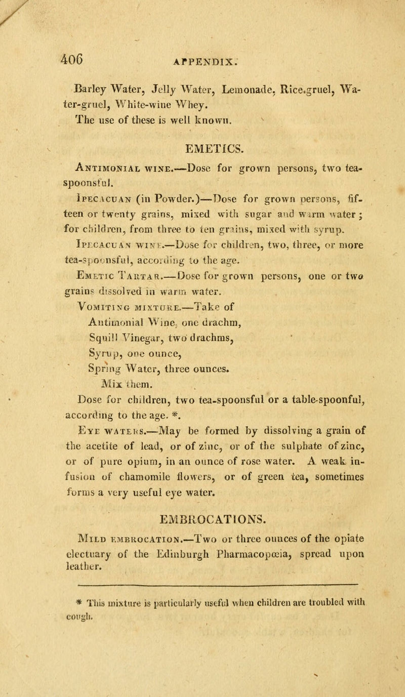 Barley Water, Jelly Water, Lemonade, Rlce.gruel, Wa- ter-gruel, White-wine Whey. The use of these is well known. EMETICS. Antimonial wine.—Dose for grown persons, two tea- spoonstul. ipEC\cuAN (in Powder.)—Dose for grown persons, fif- teen or twfnty grains, mixed with sugar and wirin uater; for children, from three to ten gniiis, mixed witli syrup. Ipi CAcuAv wi.NM.—Dt>se fcr children, two, three, or more tea-spo'.nsful, accoruiiig to the age. Emetic Taut a r.—Dose for grown persons, one or two grain? dissolved in wanit water. Vomiting mixtuke.—Take of Antimonial Wine^ one drachm, Squill Vinegar, two drachms, Syrup, one ounce. Spring Water, three ounces. Mix them. Dose for children, two tea-spoonsful or a table-spoonful, according to the age. *. Eye watei<s.—May be formed by dissolving a grain of the acetite of lead, or of zinc, or of the sulphate of zinc, or of pure opium, in an ounce of rose water. A weak in- fusion of chamomile flowers, or of green tea, sometimes forms a very useful eye water. EMBROCATIONS. Mild embrocation.—Two or three ounces of the opiate electuary of the Edinburgh Pharmacopoeia, spread upon leatlitr. * This mixture is parlicularly useful when children are troubled with coiigli.